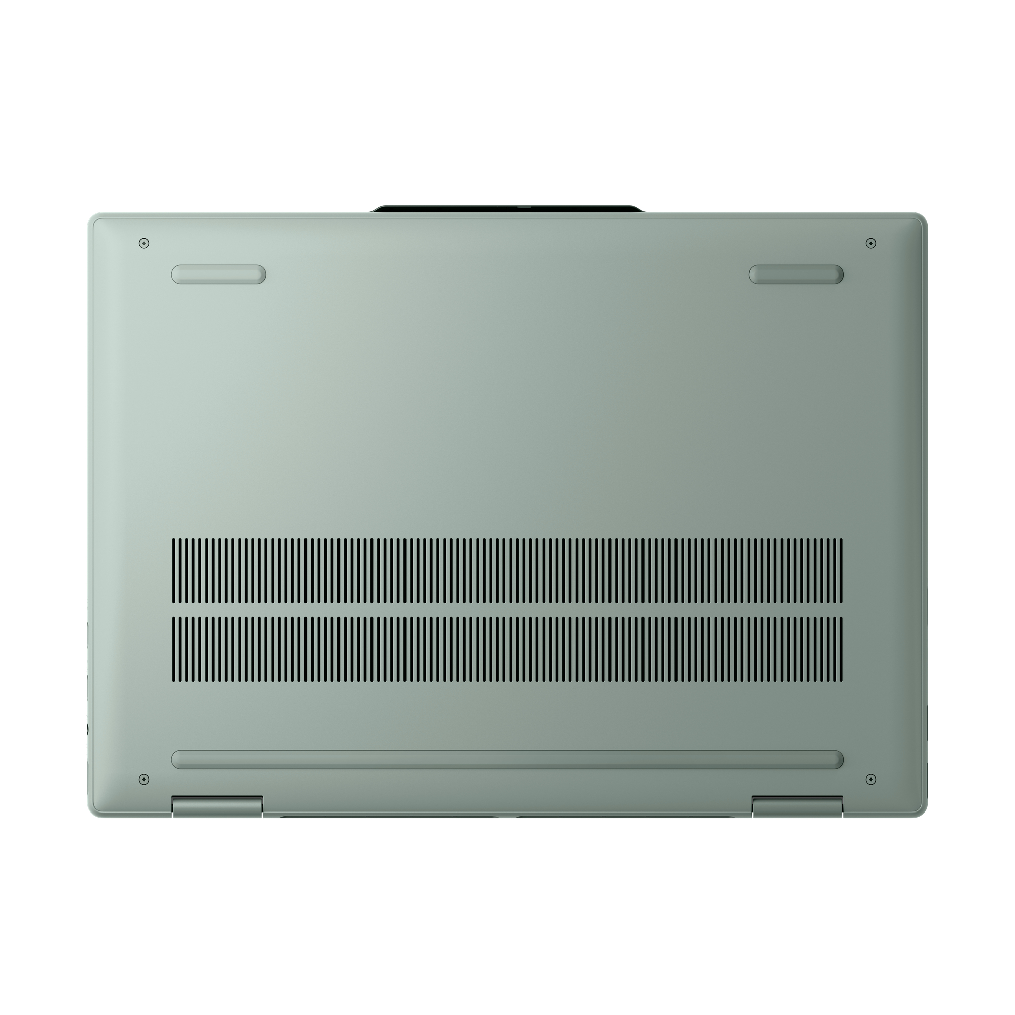 Unterseite eines salbeigrünen Laptops mit Gummifüßen, Lüftungsschlitzen und Scharnieren vor weißem Hintergrund.