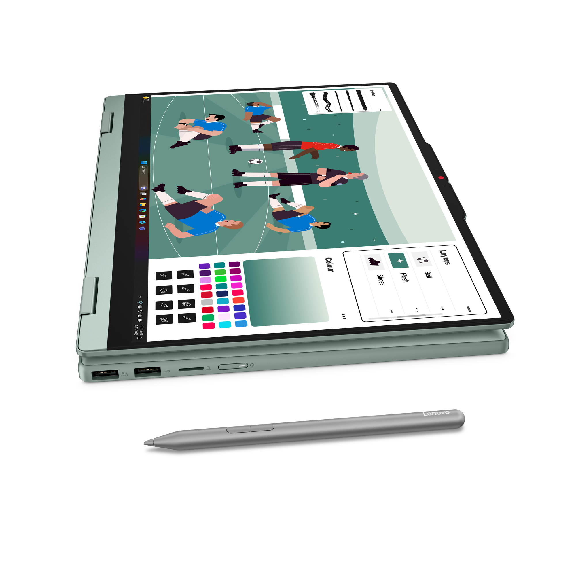 Grünes Convertible-Notebook mit geöffnetem Zeichenbild auf dem Display und einem Stift davor.