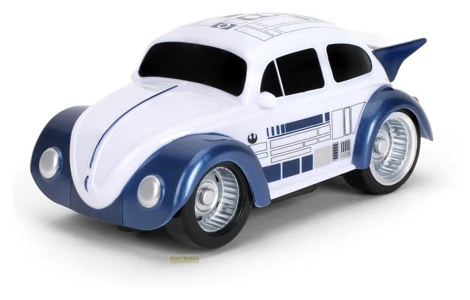 Ein weiß-blaues Volkswagen Käfer Spielzeugauto im R2-D2-Design mit silbernen Felgen vor weißem Hintergrund.