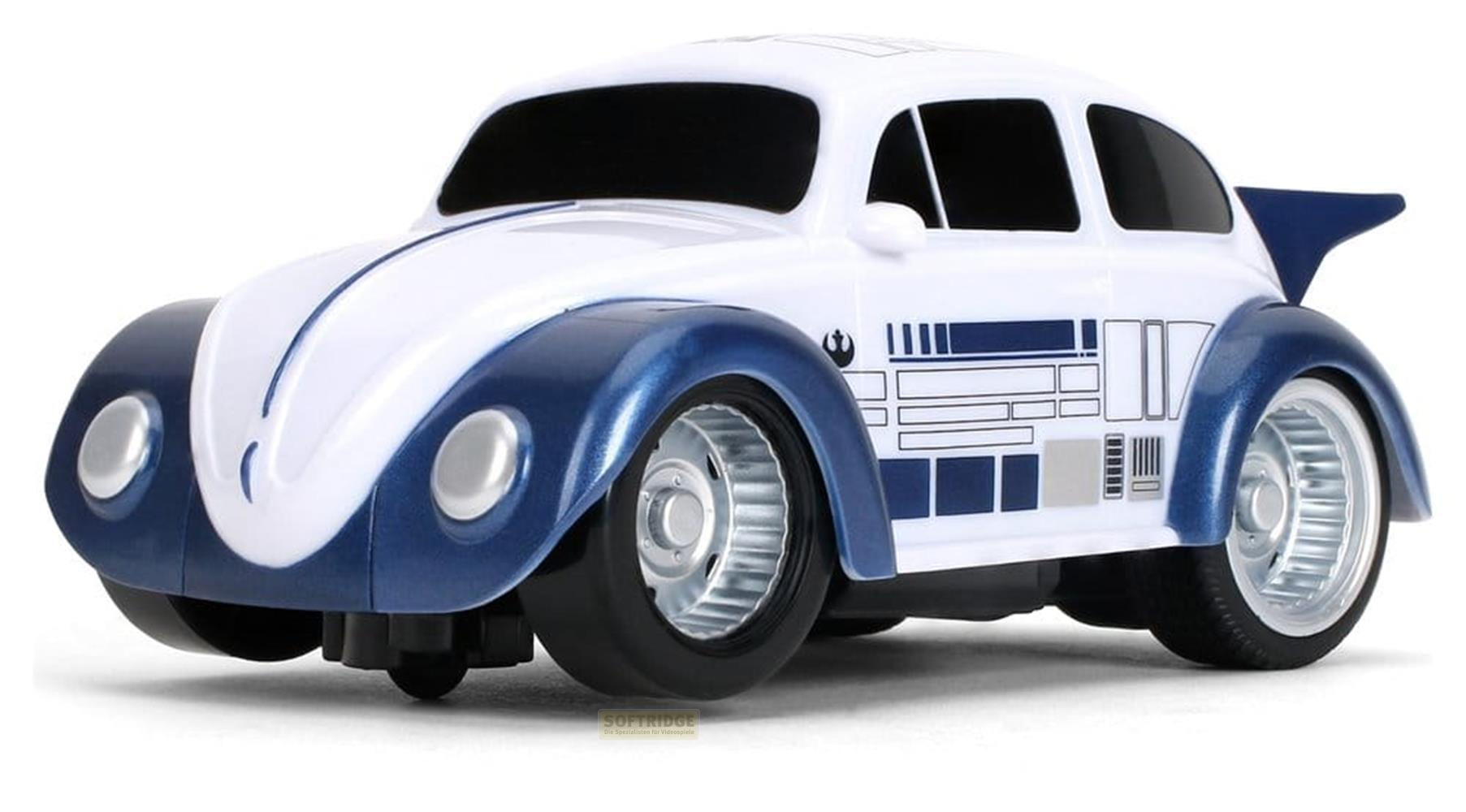 Ein weiß-blaues Spielzeugauto im R2-D2-Stil mit dunklen Fenstern und silbernen Felgen vor weißem Hintergrund.