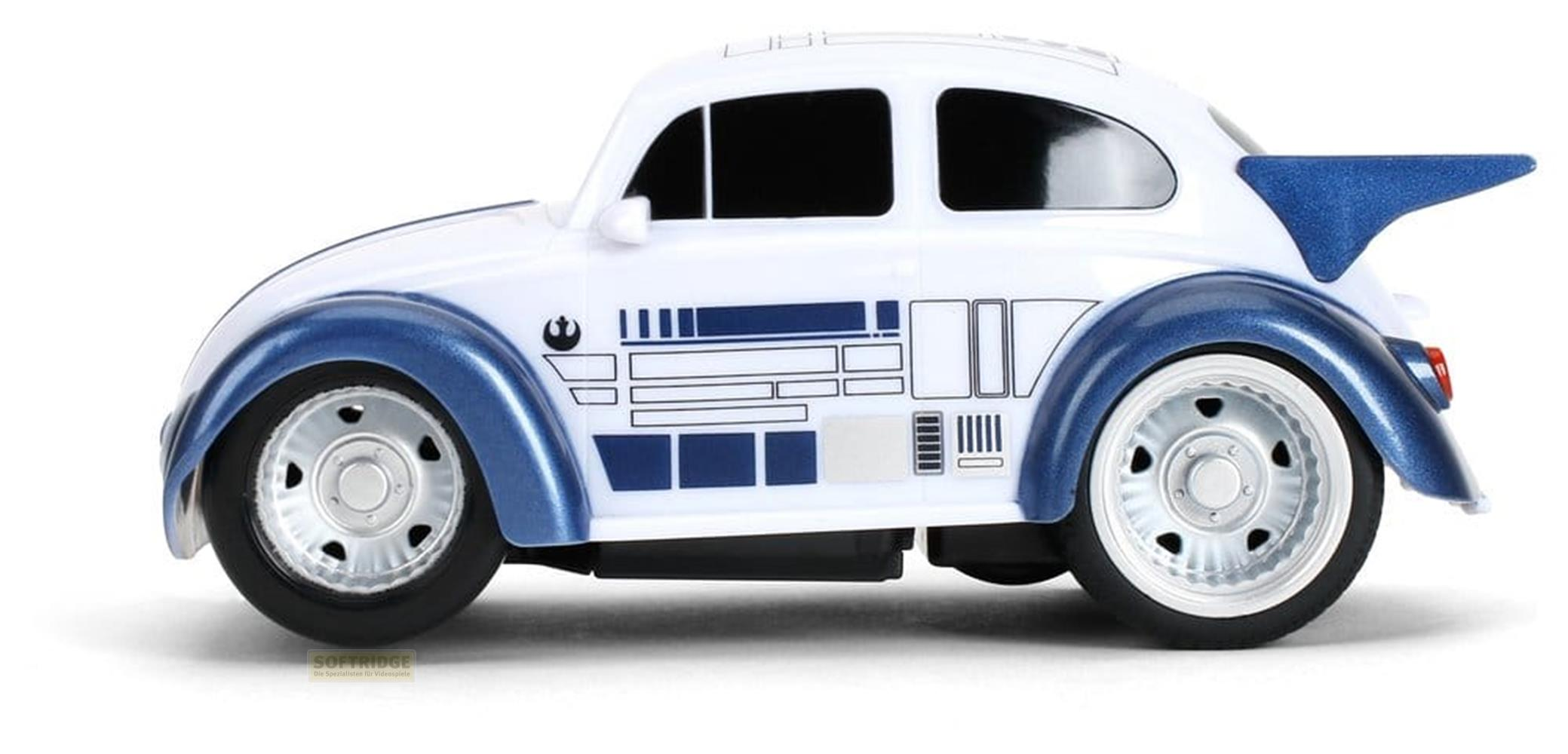Ein weiß-blaues R2-D2 Spielzeugauto im VW-Käfer-Stil mit blauen Kotflügeln und Spoiler.