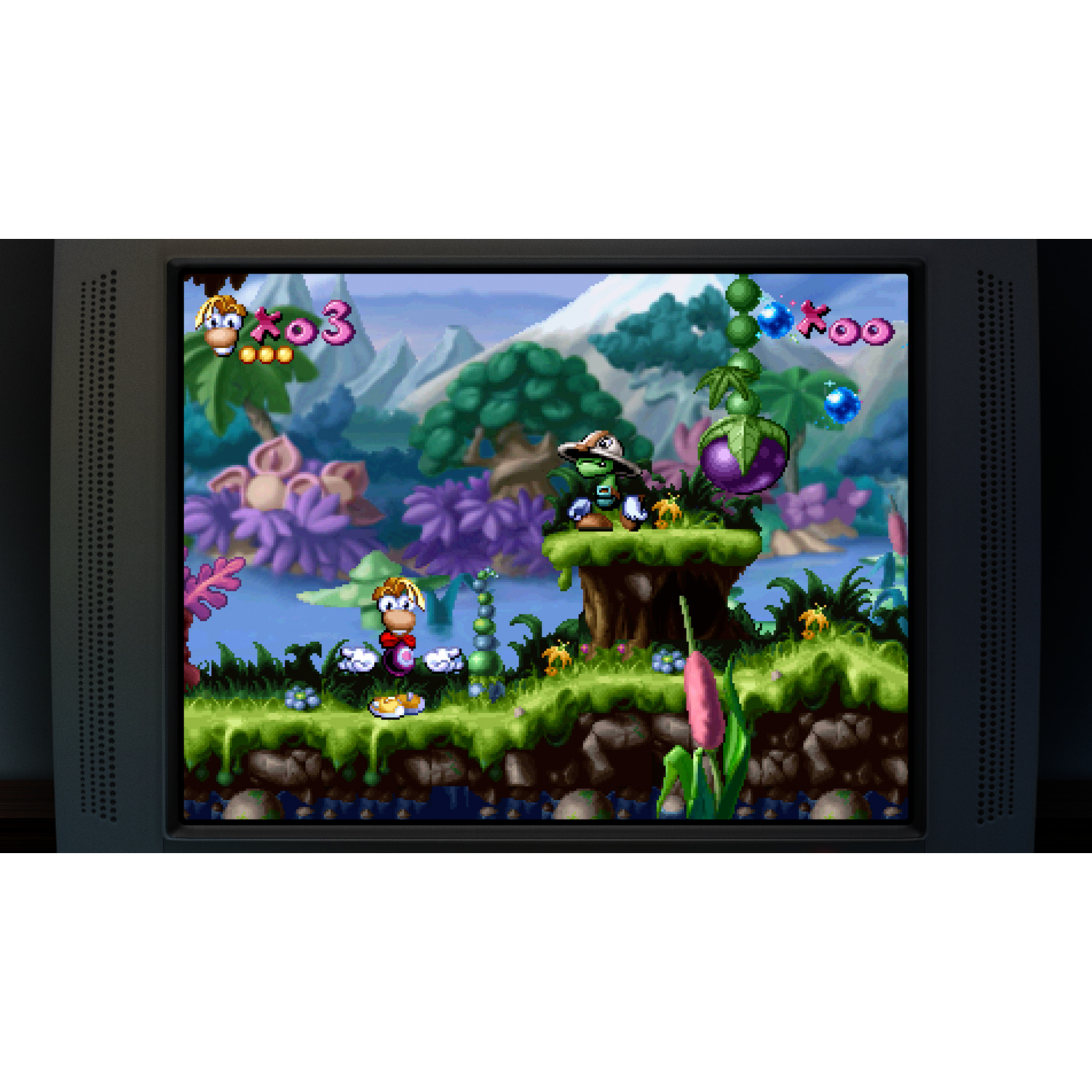 Videogioco platform pixelated che mostra un personaggio sull'erba verde con alberi e montagne.