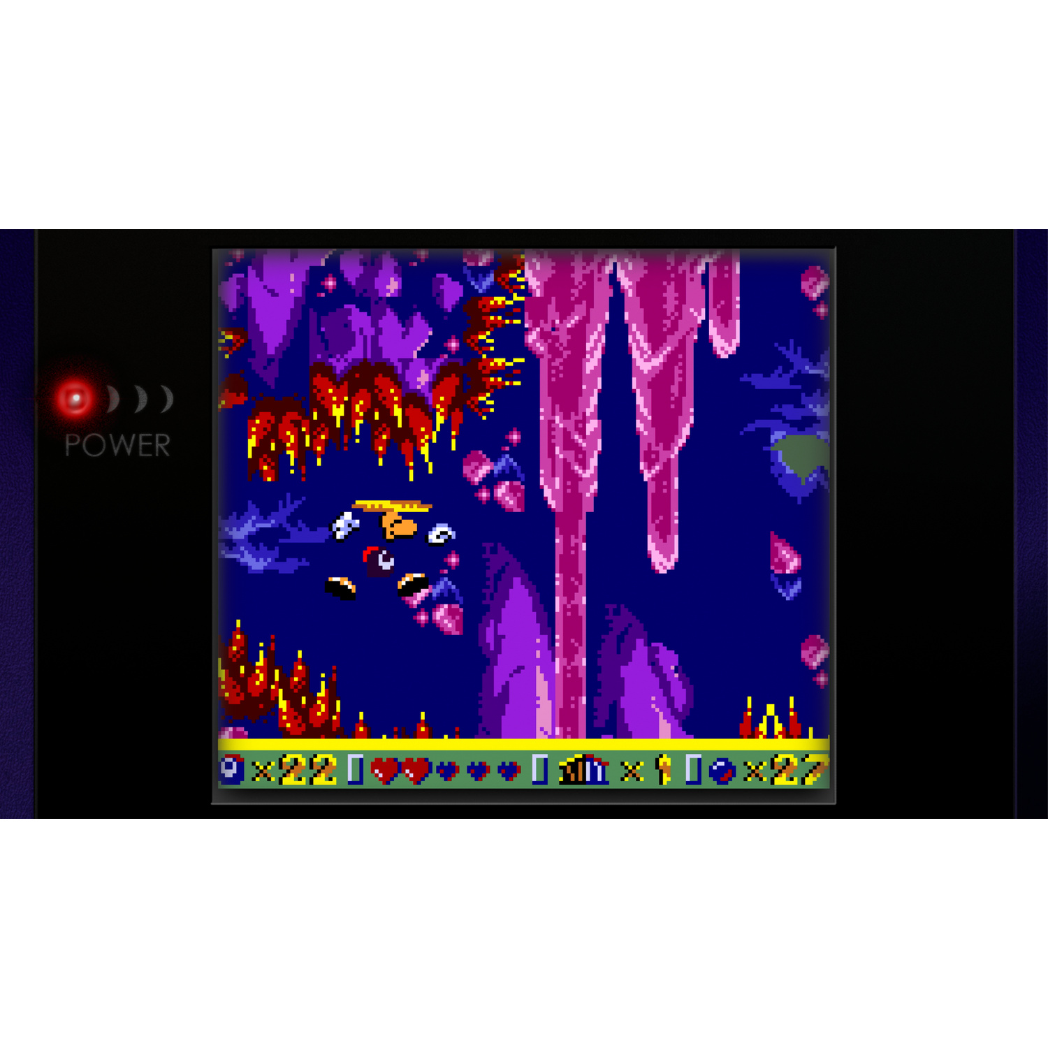 Uno schermo di videogioco pixelato mostra un personaggio in una caverna buia con stalattiti viola.
