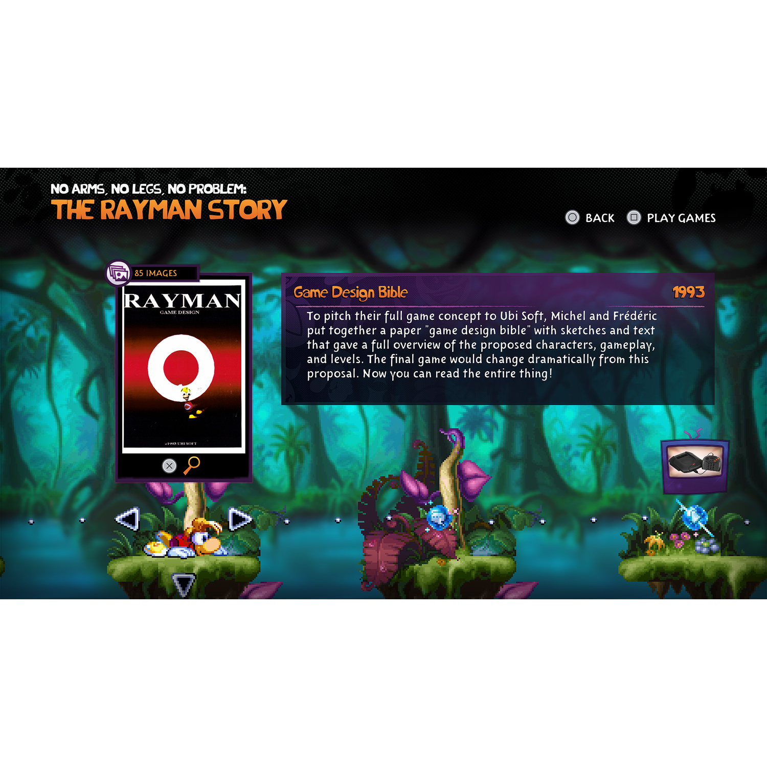 Il menu di Rayman Story con la bibbia del design di gioco su un'isola verde.