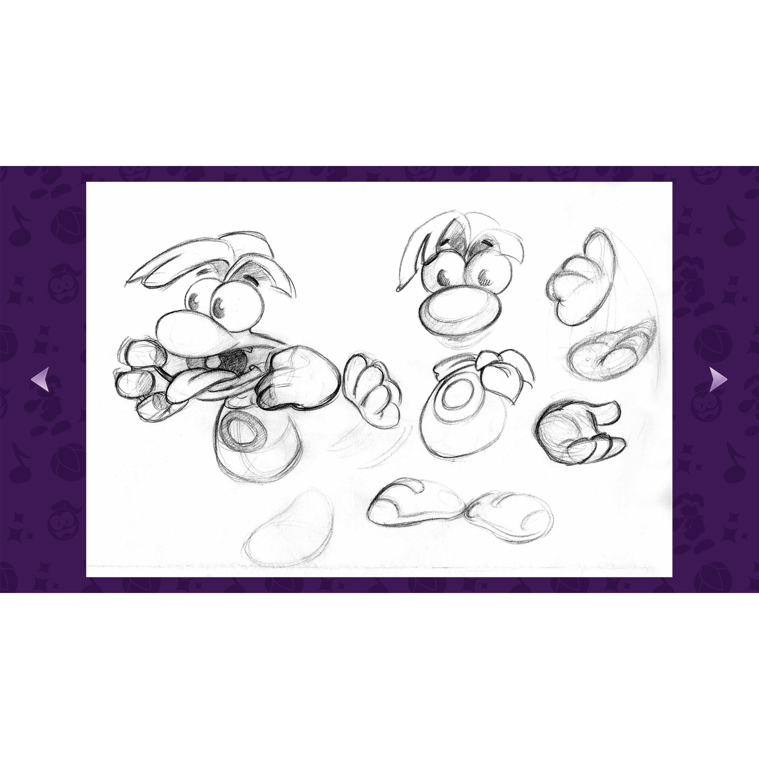 Bozze concettuali a matita mostrano il personaggio dei cartoni animati Rayman da varie angolazioni.