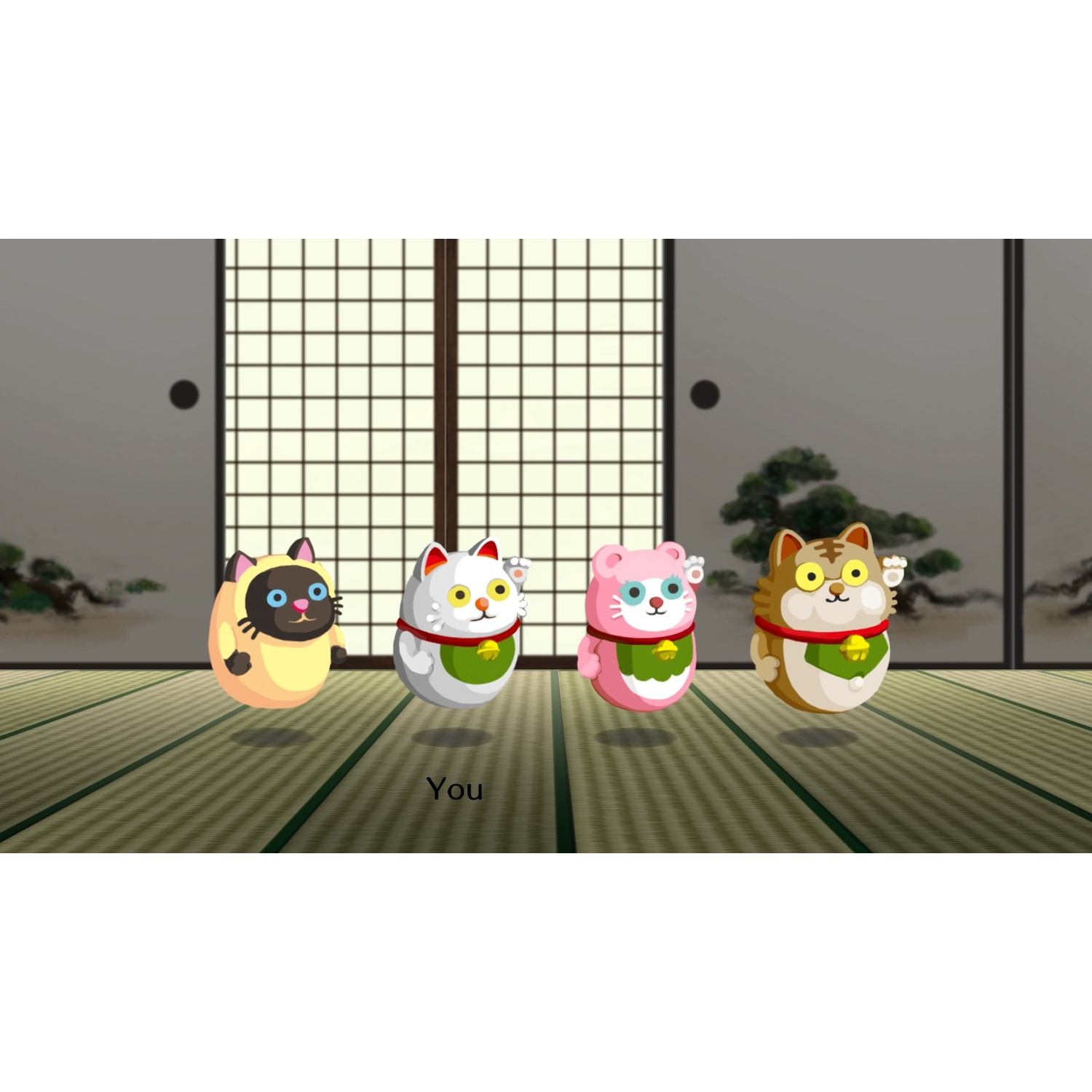 Quattro statuette di gatti rotonde fluttuano davanti a una porta scorrevole giapponese e tatami.
