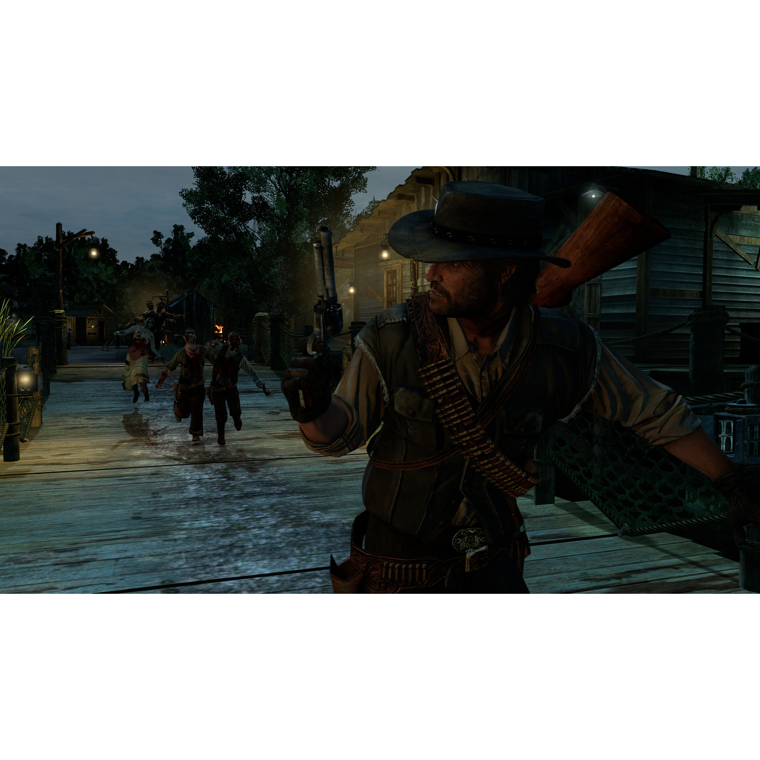 Un cowboy con cappello tiene una rivoltella su un molo di legno di notte, con zombie sullo sfondo.
