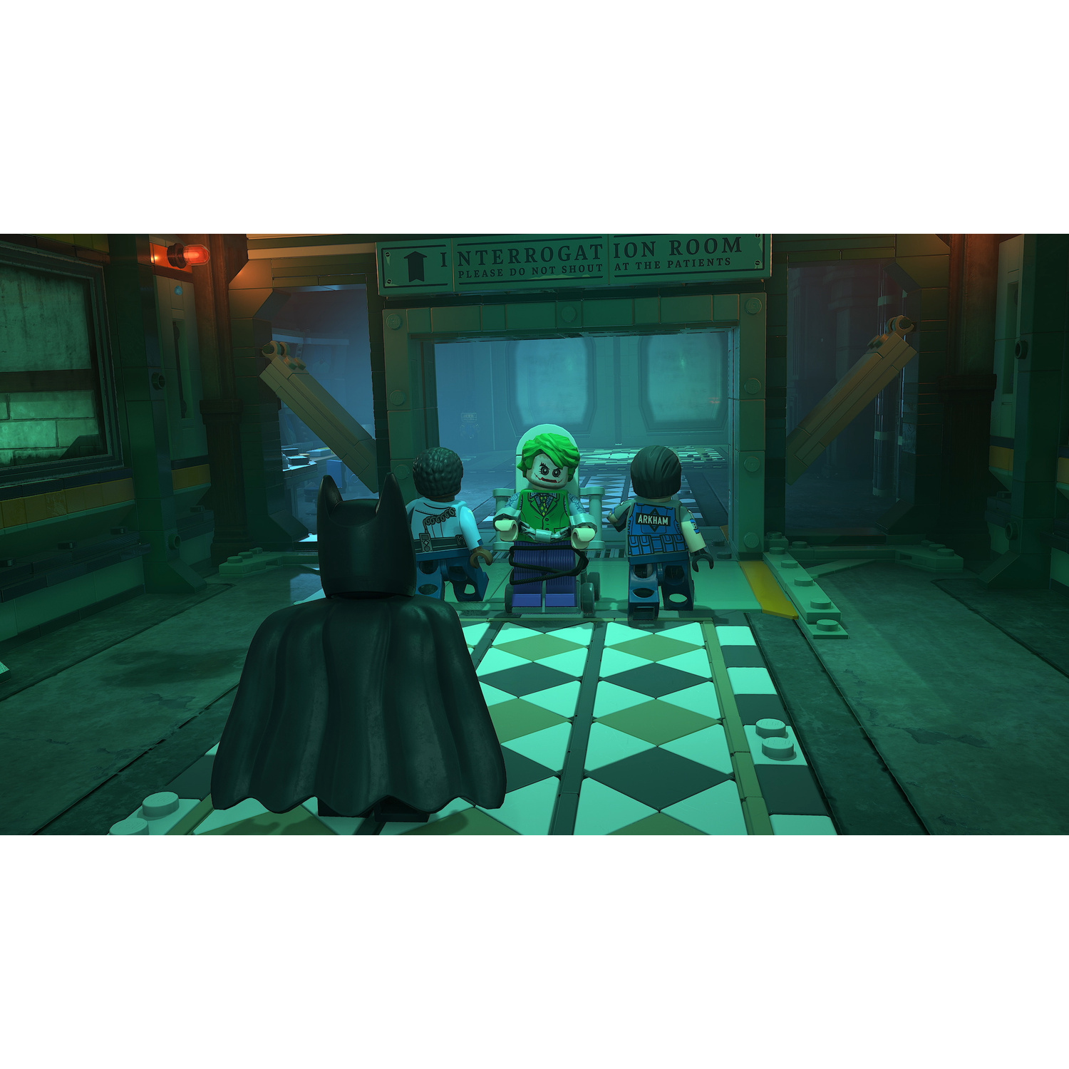 Lego Batman guarda il Joker su una sedia a rotelle in una prigione.