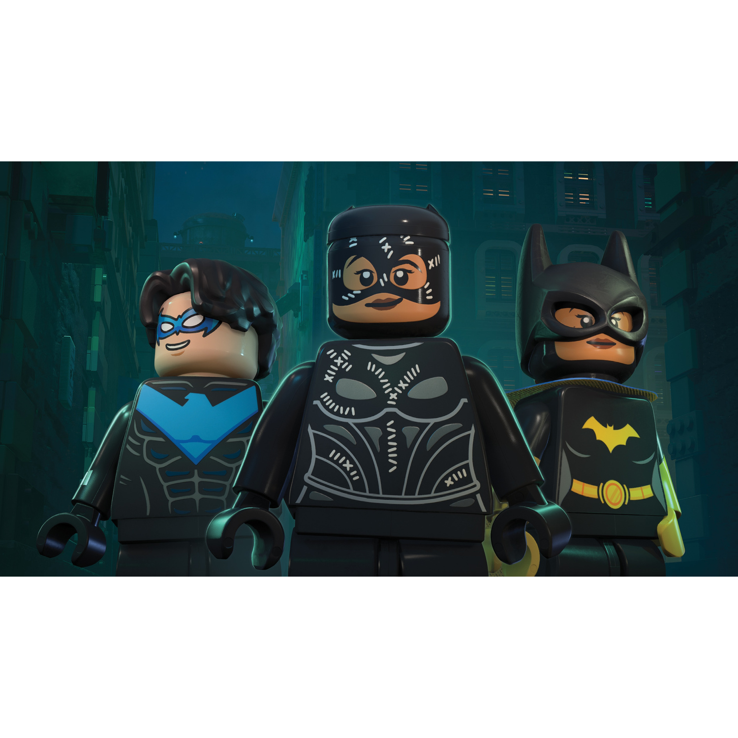 Tre minifigure LEGO, tra cui Nightwing, Catwoman e Batgirl, posano davanti a uno sfondo urbano scuro.