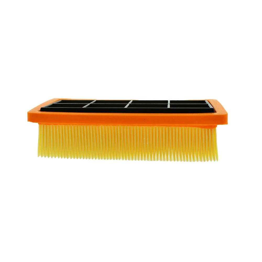 Rechteckiger Luftfilter mit orangefarbenem Rahmen, schwarzem Gitter und gelben Falten.