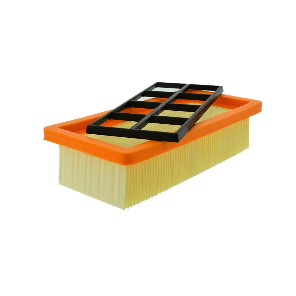Ein rechteckiger, gelber Faltenluftfilter mit orangefarbenem Kunststoffrahmen und schwarzem Gitter, auf weiß.