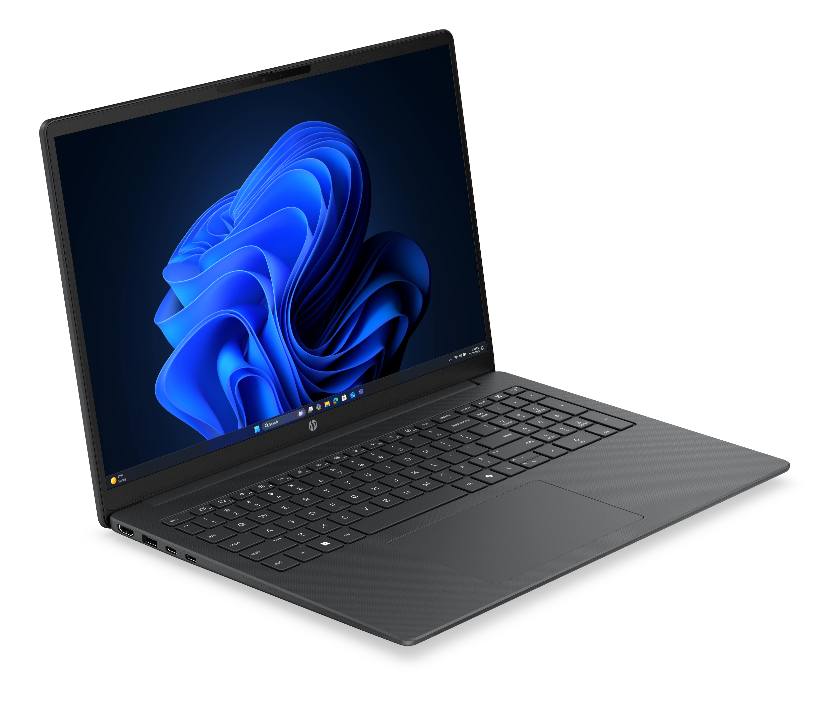 Un computer portatile HP nero è aperto ad angolo su sfondo bianco, mostrando uno sfondo blu astratto.