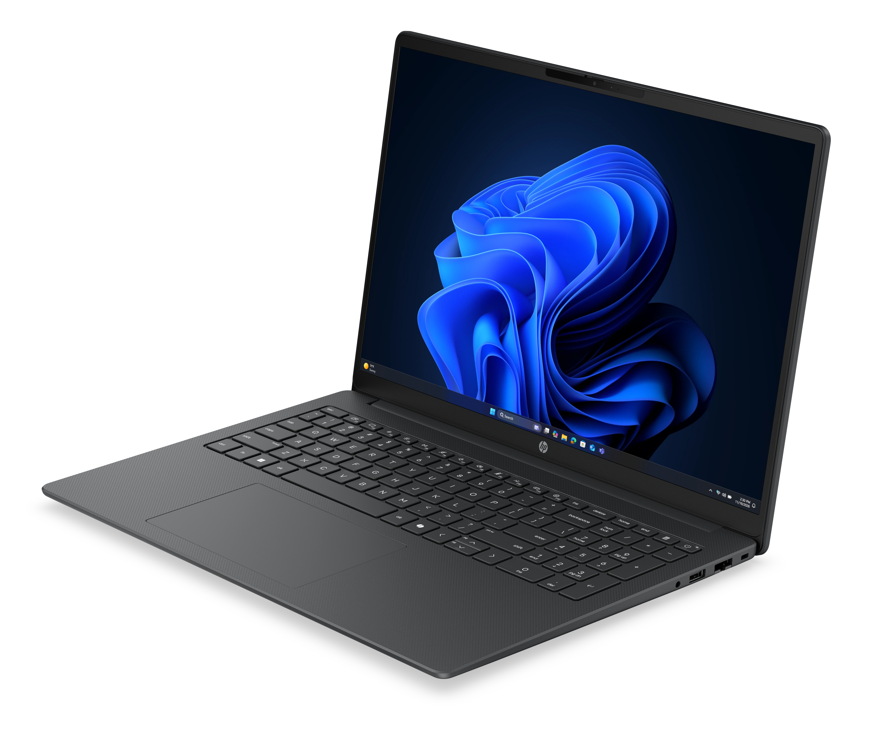 Un computer portatile nero visto da un angolo, con uno sfondo astratto blu vibrante sullo schermo.