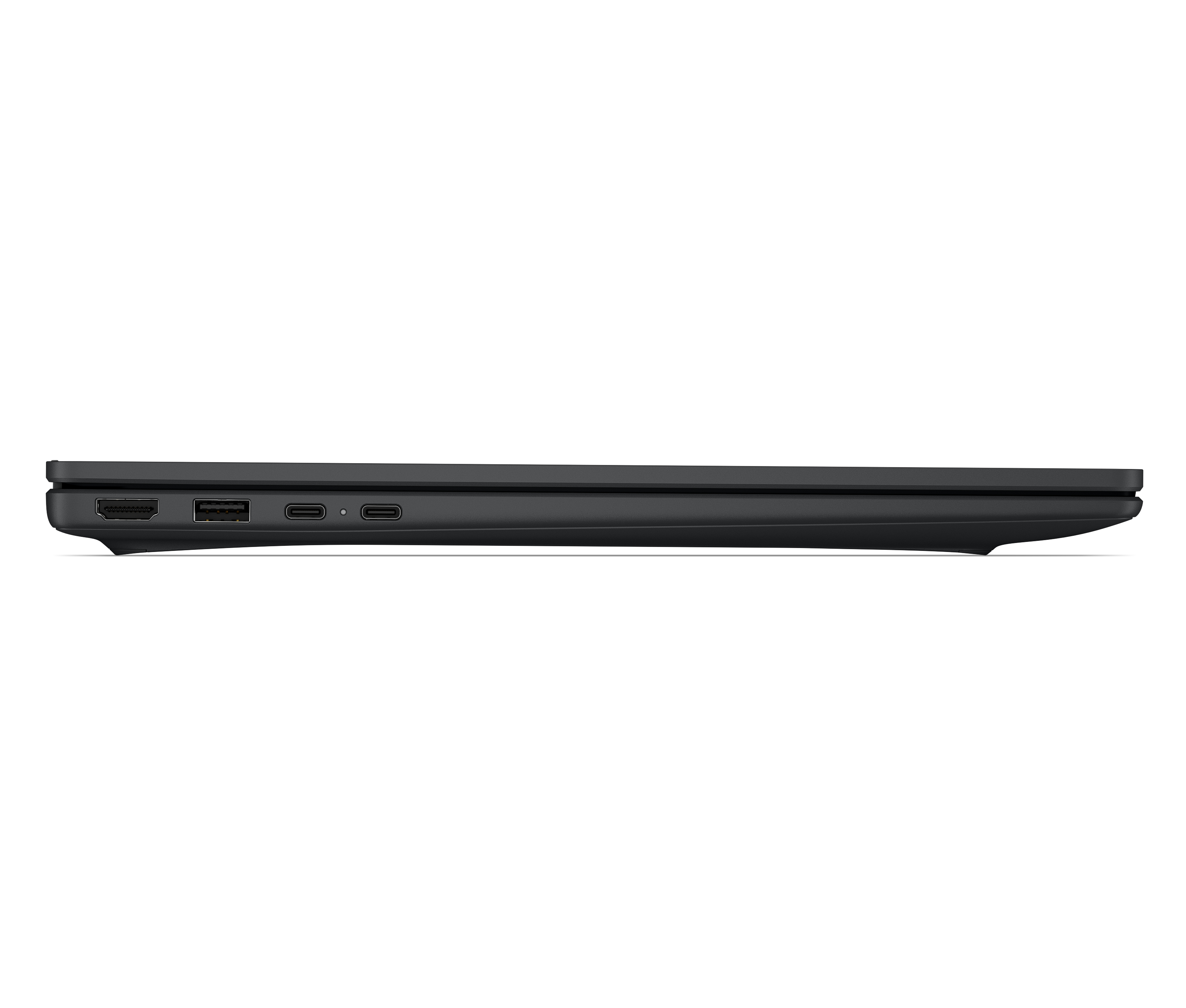 Lato sinistro di un laptop nero chiuso con porte HDMI, USB e USB-C su sfondo bianco.