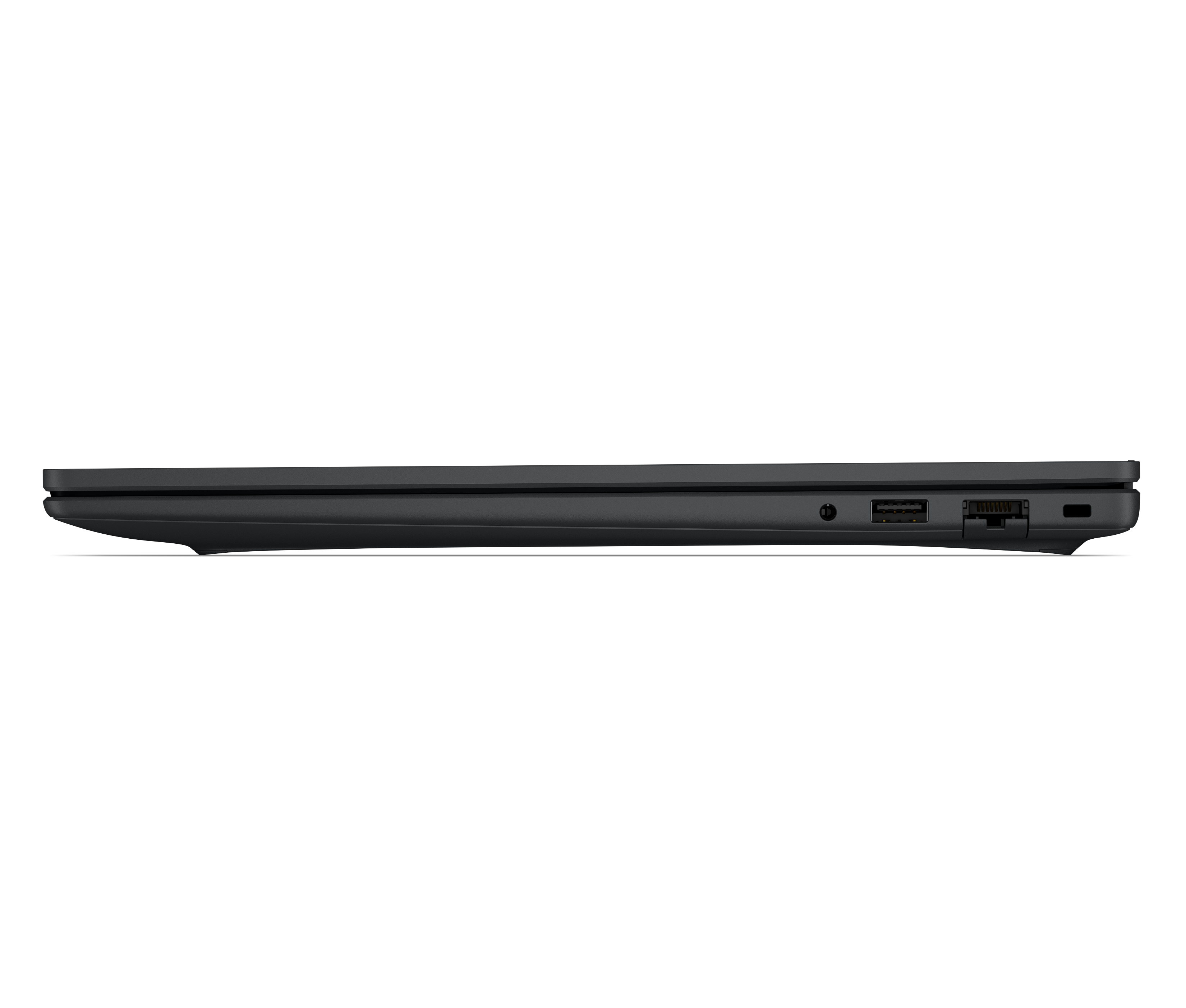 Vista laterale di un sottile laptop nero che mostra porte USB ed Ethernet sul lato destro su uno sfondo bianco.