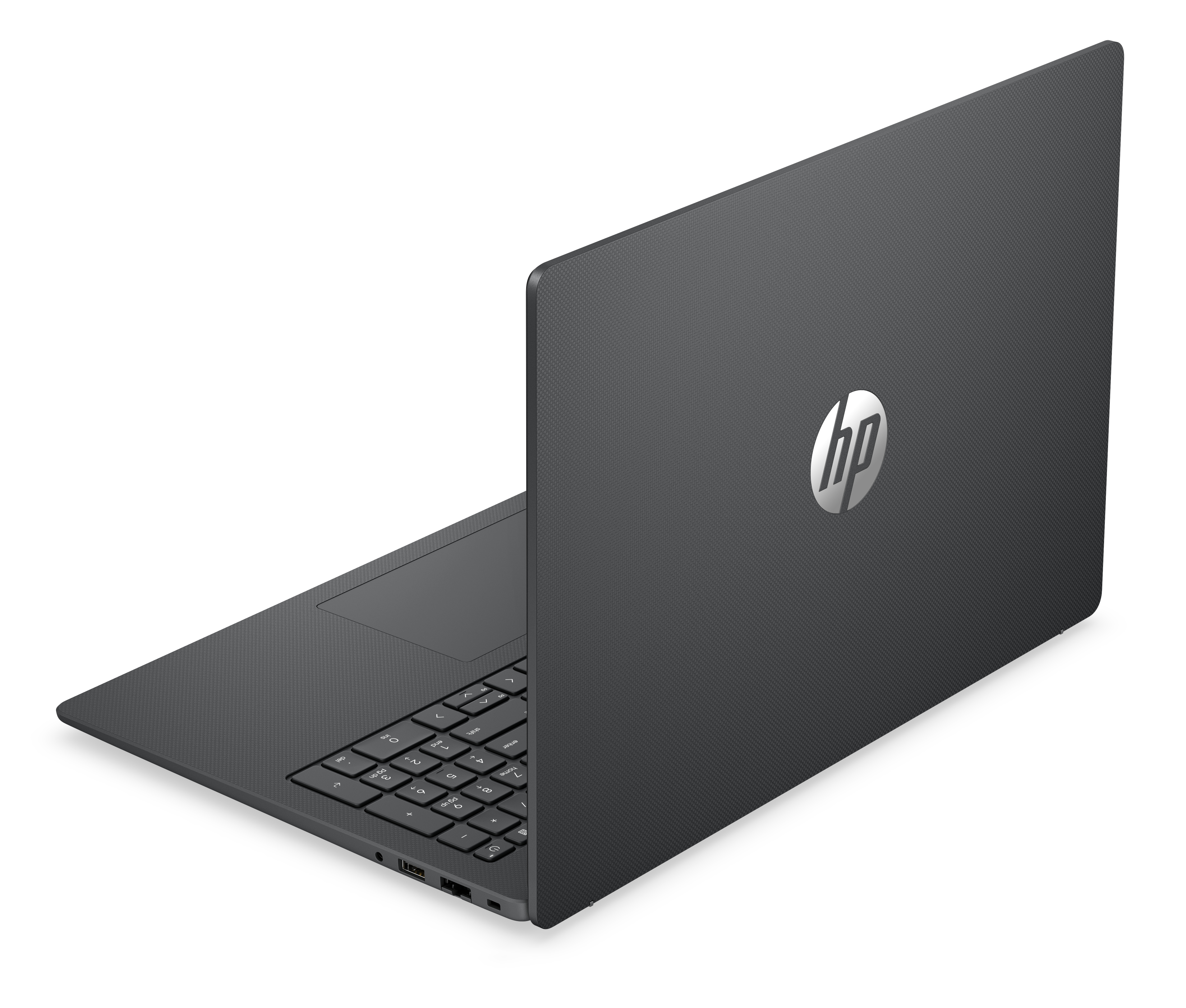 Un computer portatile HP grigio è semiaperto su sfondo bianco, con il logo HP visibile.