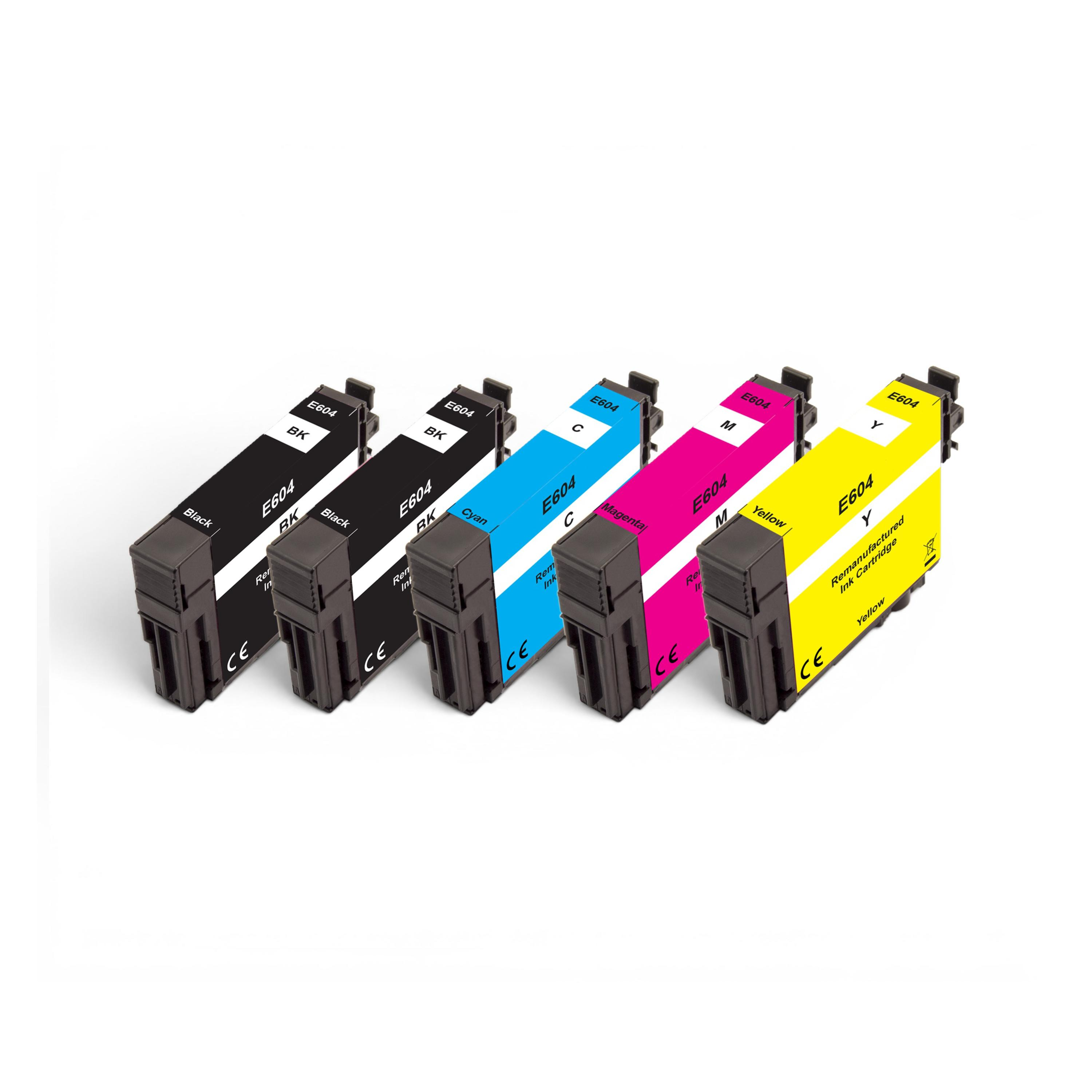 Cinco cartuchos de impresora en negro, cian, magenta y amarillo sobre fondo blanco.