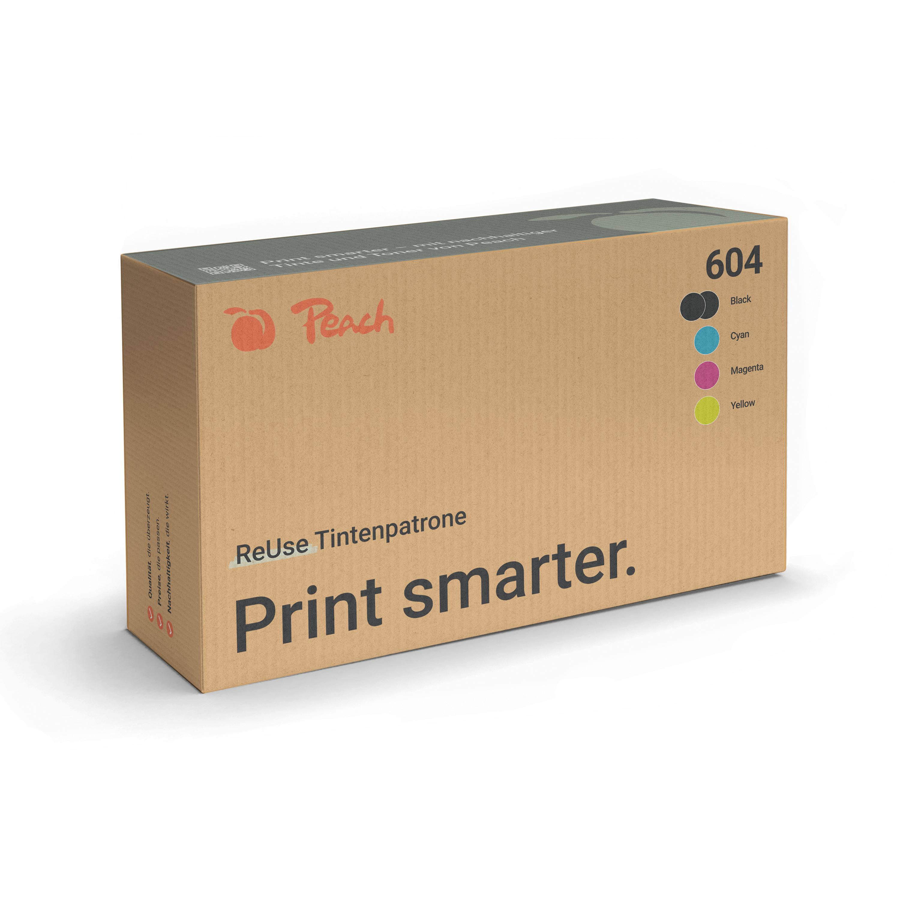 Caja de cartón marrón para cartuchos Peach ReUse, etiquetada 604 con círculos de color para Negro, Cian, Magenta, Amarillo.