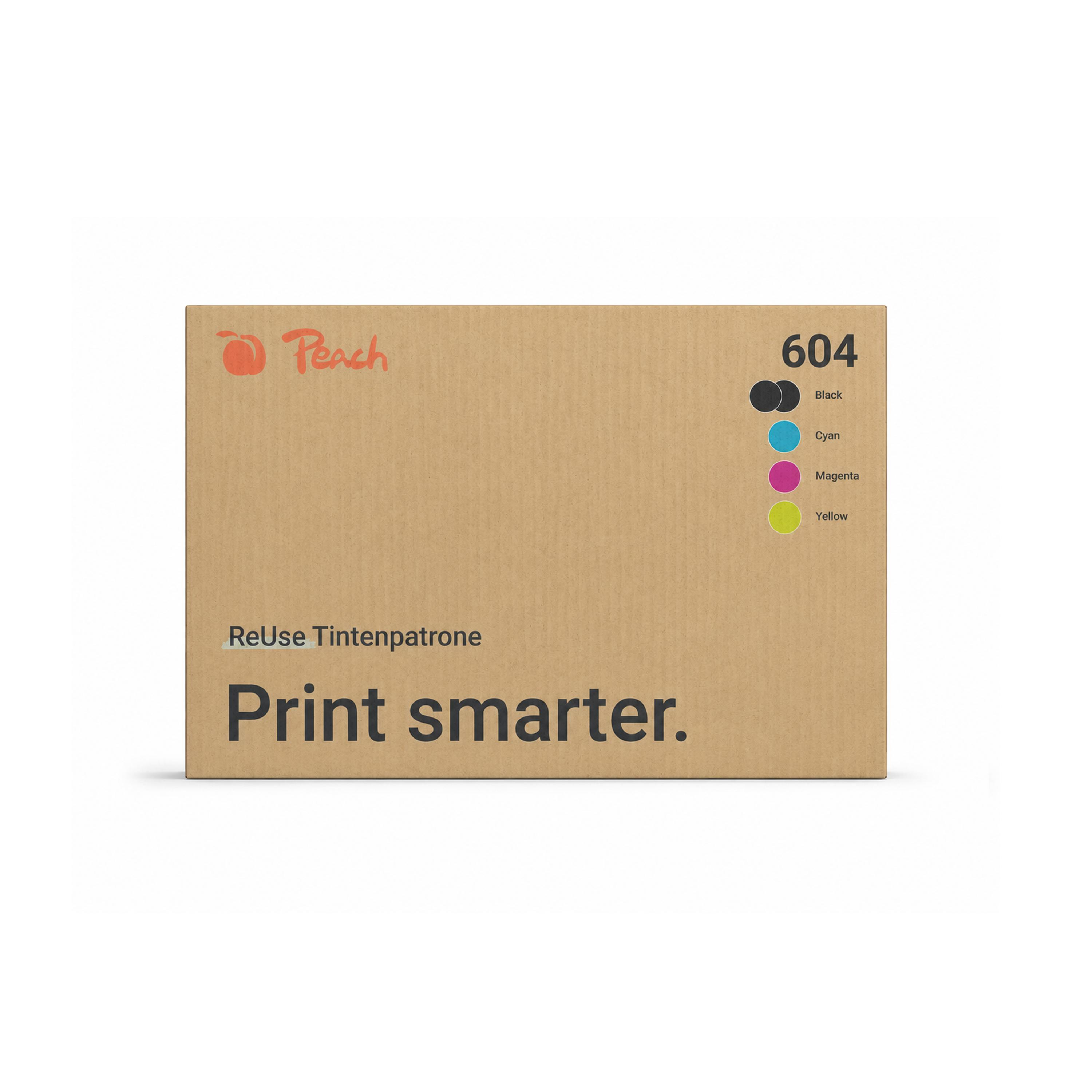 Una caja de cartón marrón de cartuchos de tinta Peach con el texto Print smarter.