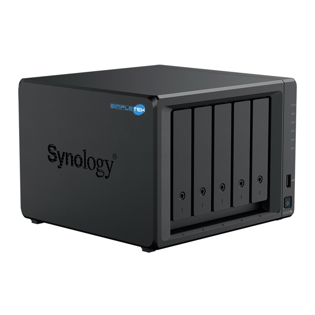 Un dispositivo NAS Synology negro con cinco bahías de unidad sobre un fondo blanco.