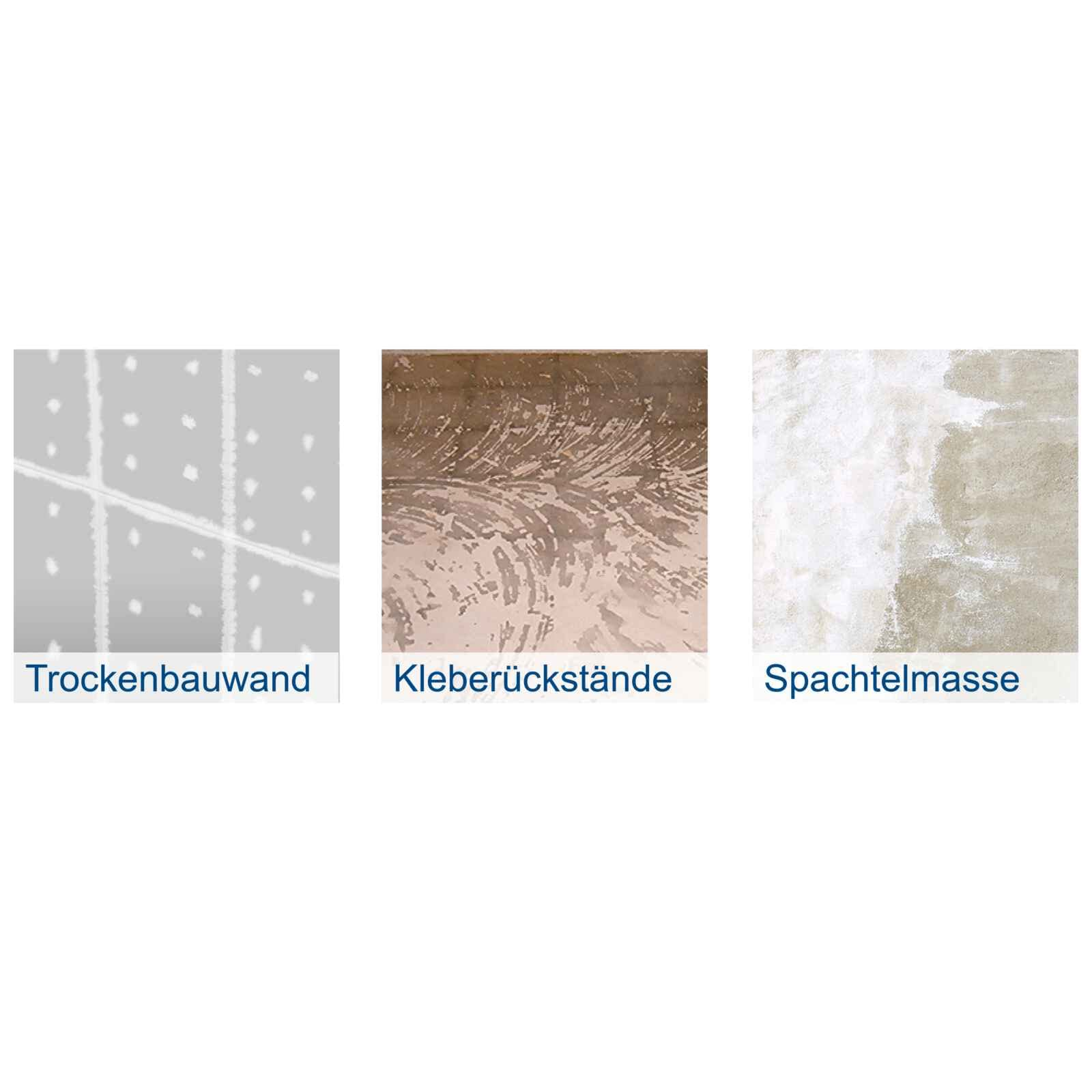 Drei Felder mit Trockenbauwand, Kleberückständen und Spachtelmasse.