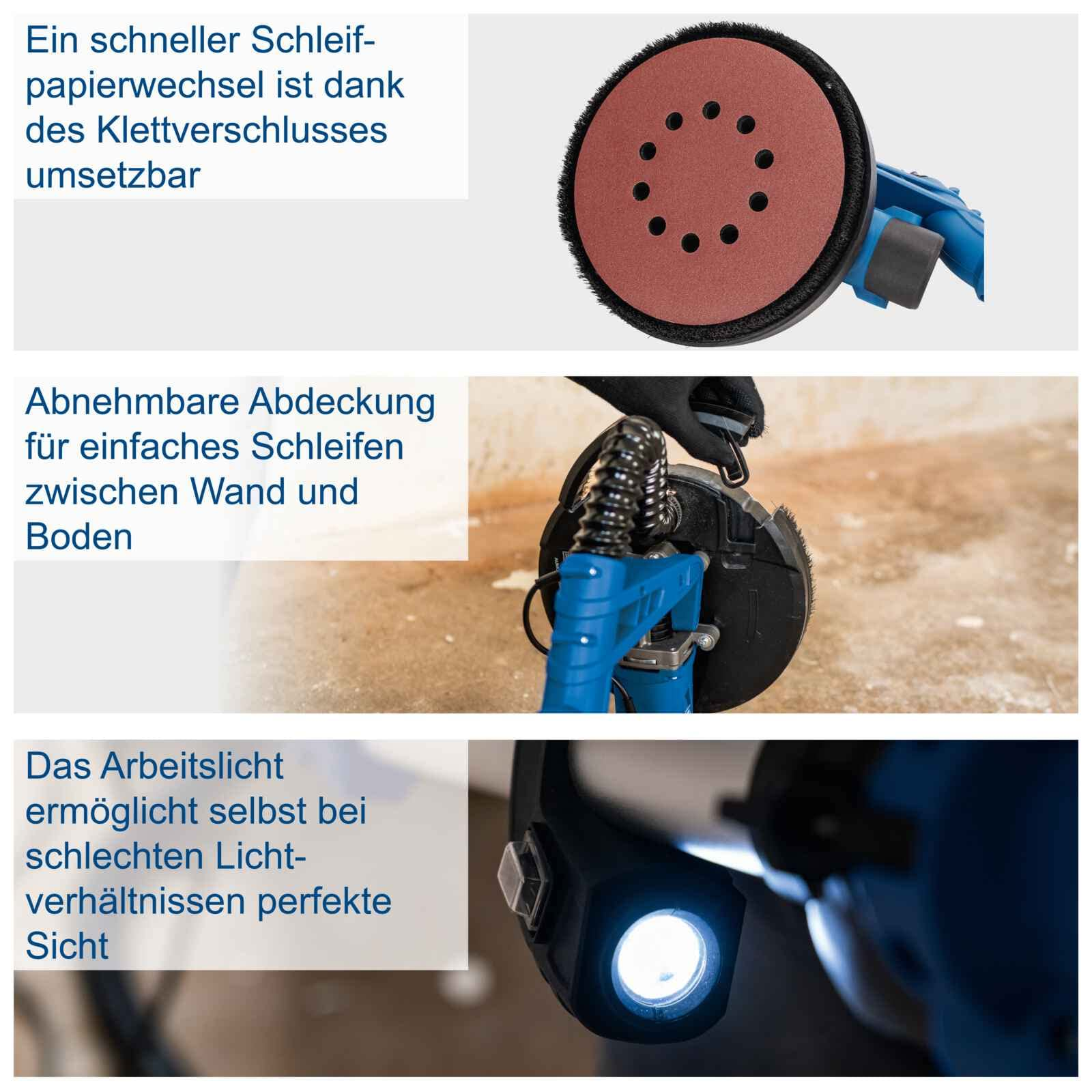 Drei Bilder zeigen Schleifpapierwechsel, abnehmbare Abdeckung und Arbeitslicht eines blauen Schleifers.