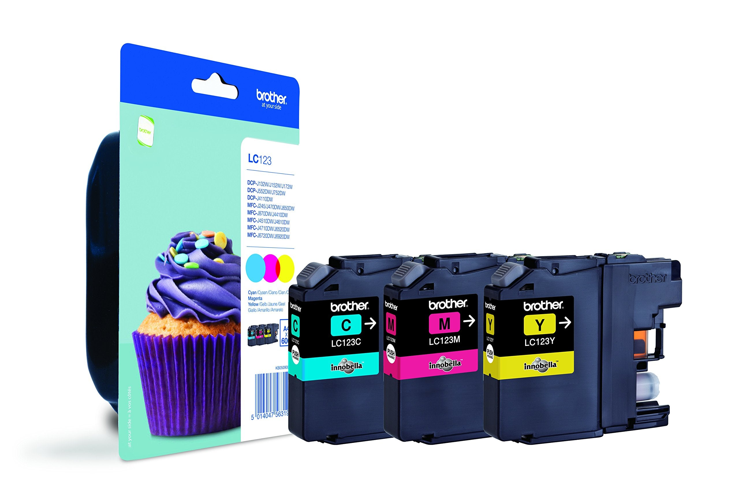 Tusz Brother LC123 w kolorach cyan, magenta i żółtym obok opakowania z babeczką.