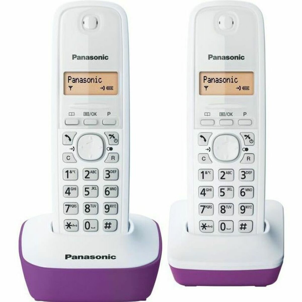 Zwei weiße Panasonic-Schnurlostelefone mit lila Sockeln und beleuchteten Displays auf weißem Hintergrund.
