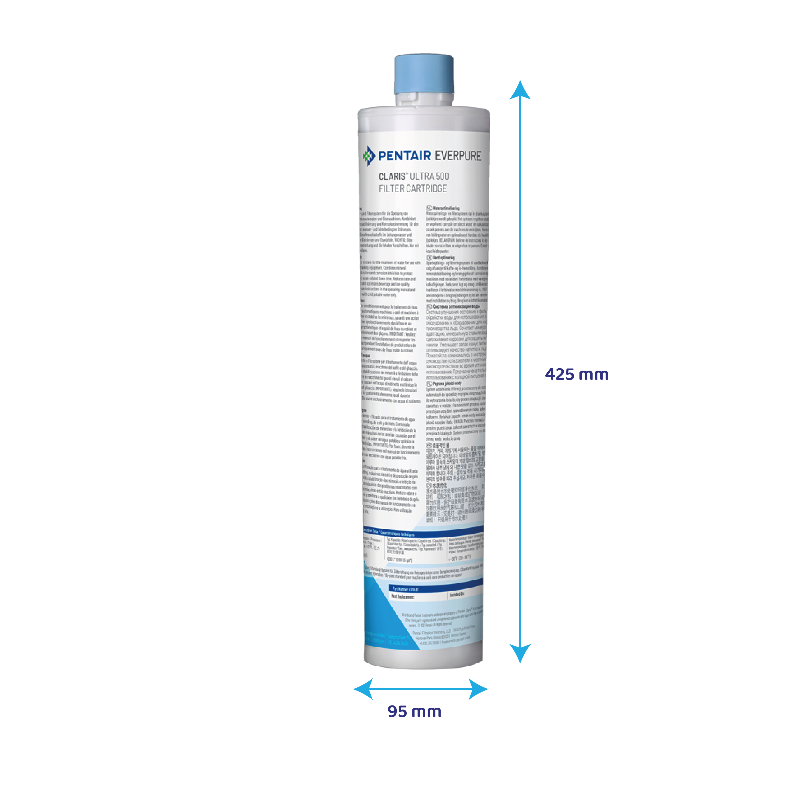 Pentair Everpure Claris Ultra 500 Filterpatrone, Höhe 425 mm, Breite 95 mm, mit mehrsprachigem Text.