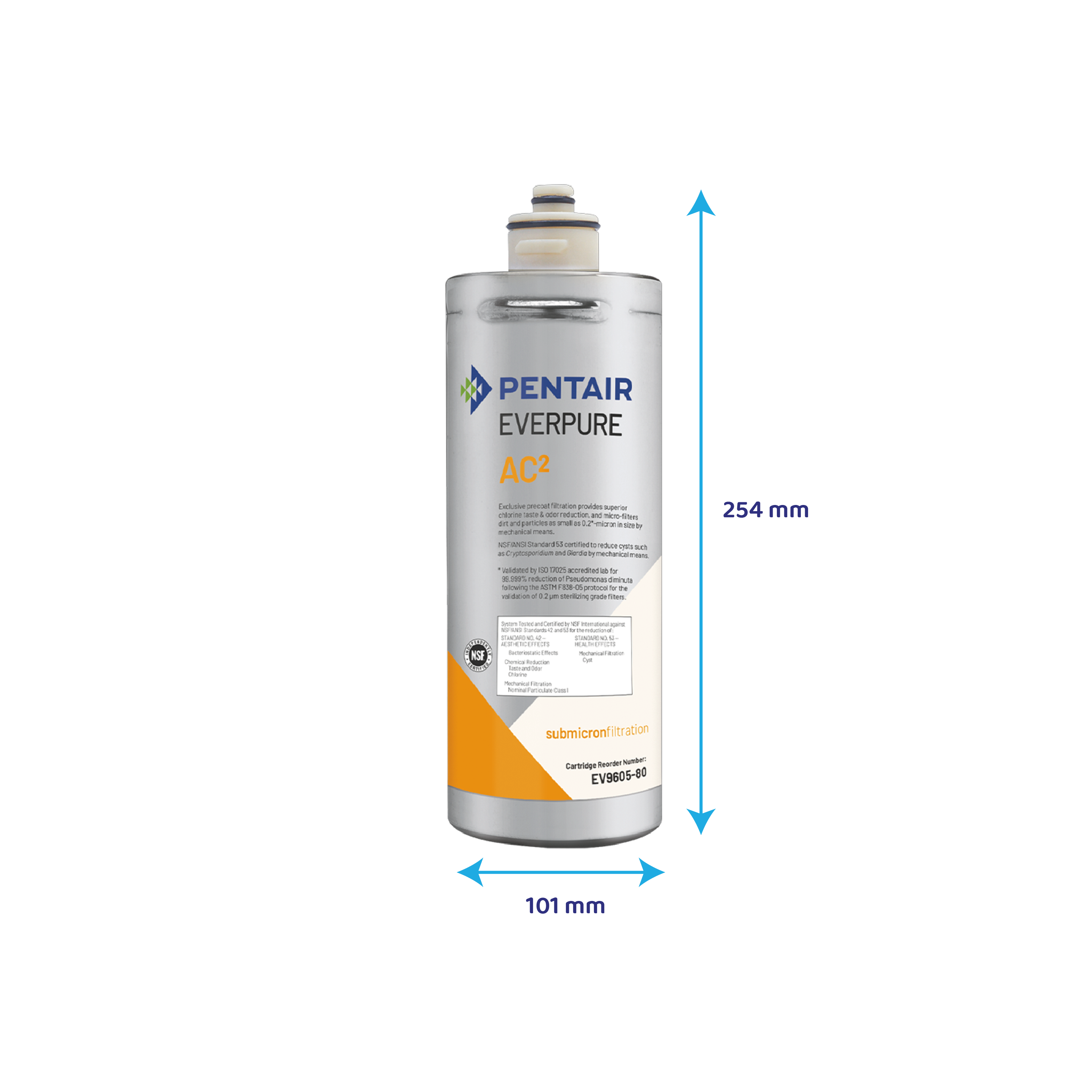 Pentair Everpure AC2 Wasserfilterkartusche mit Abmessungen von 254 mm Höhe und 101 mm Breite.