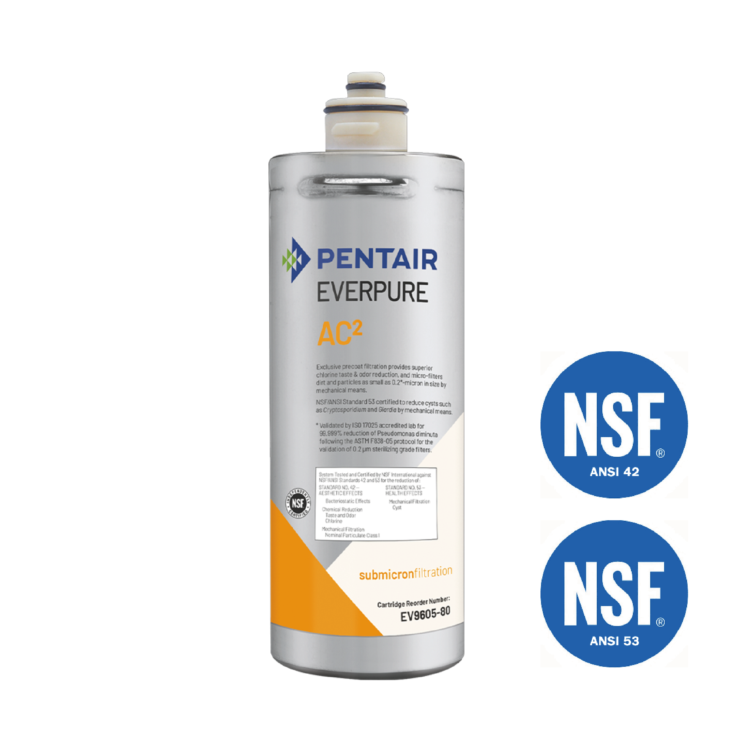 Pentair Everpure AC2 Wasserfilterkartusche mit NSF 42- und NSF 53-Zertifizierungssiegeln.