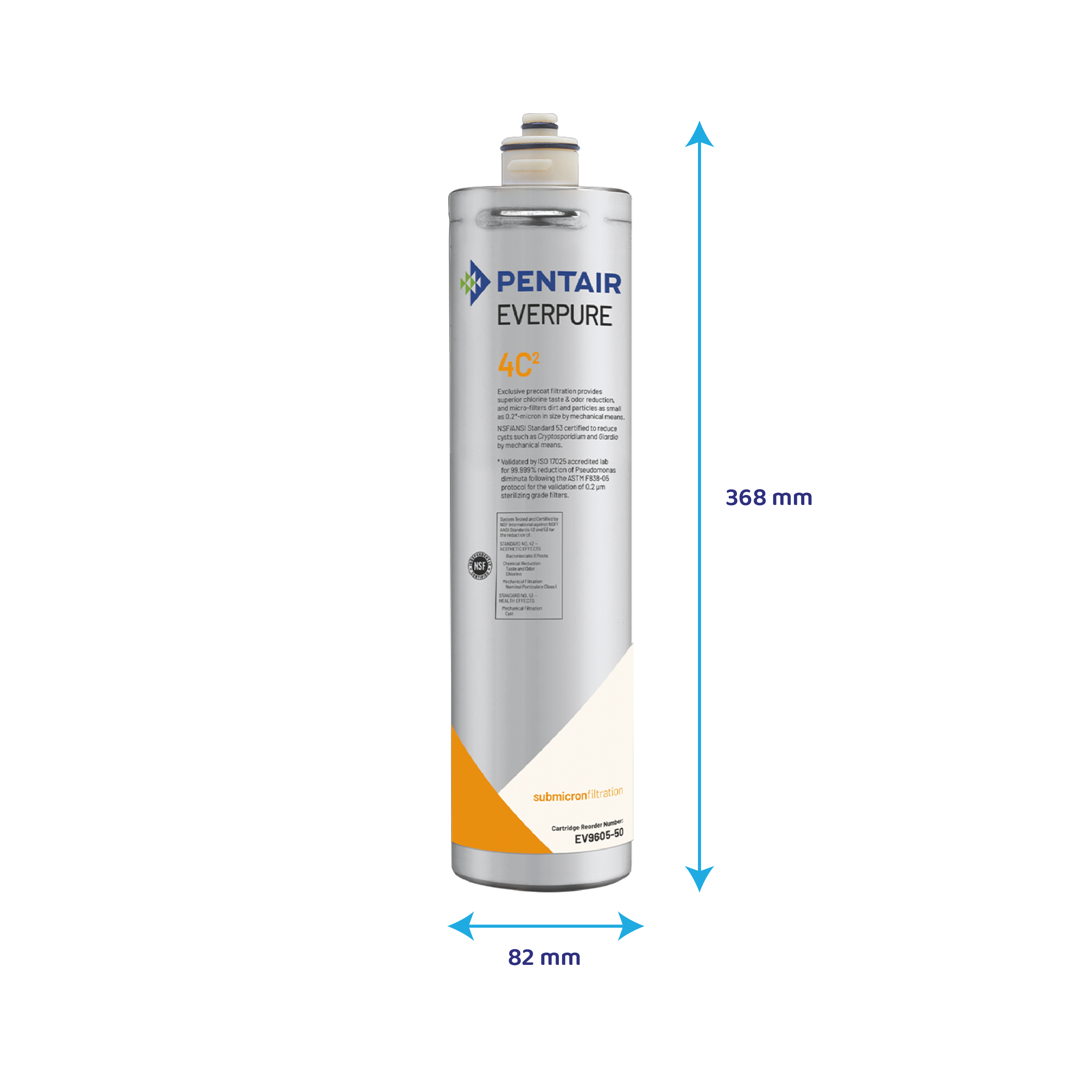 Pentair Everpure 4C2 Wasserfilter mit Maßen von 368 mm Höhe und 82 mm Breite vor weißem Hintergrund.