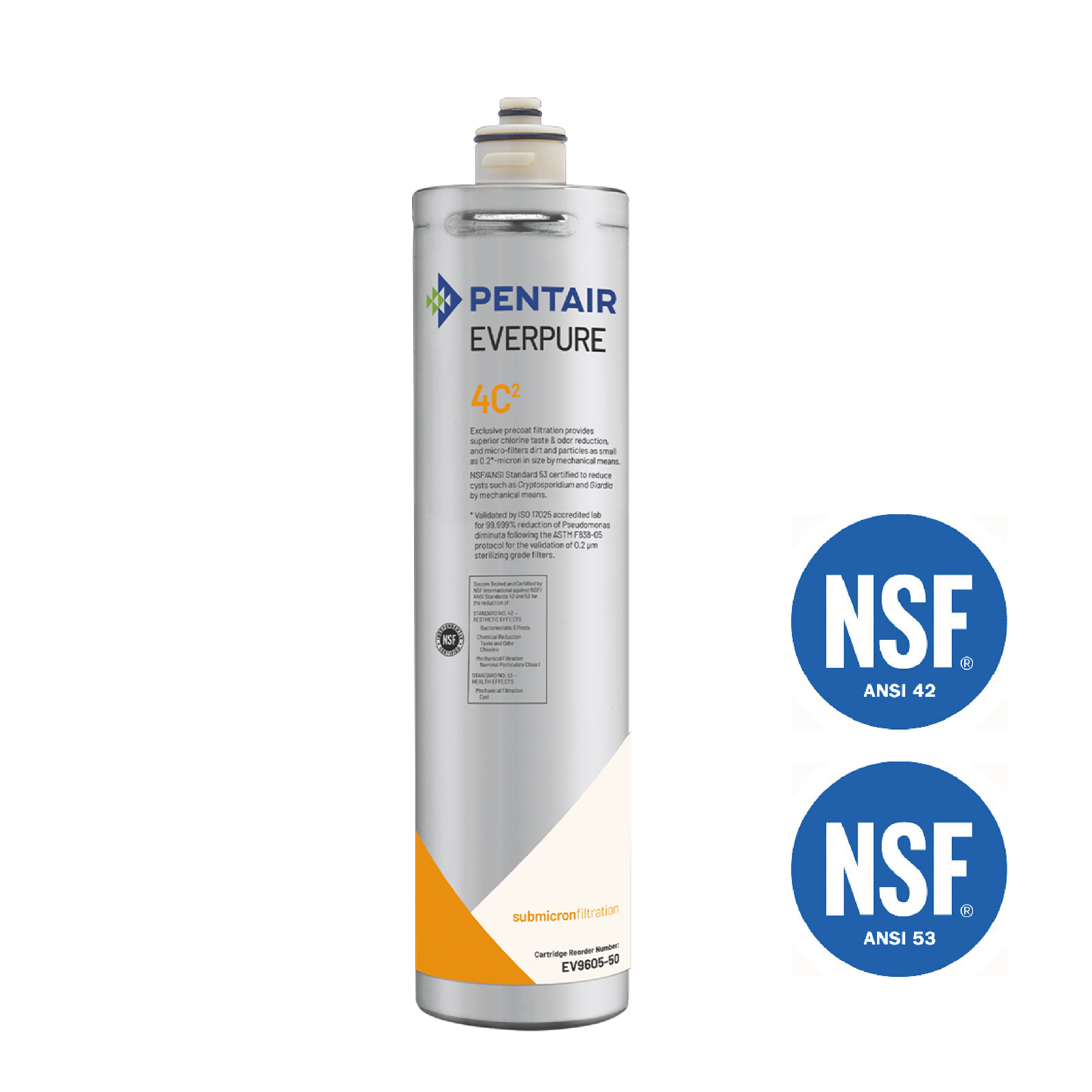 Pentair Everpure 4C2 Wasserfilter mit blauen NSF 42 und NSF 53 Zertifizierungslogos auf weißem Hintergrund.