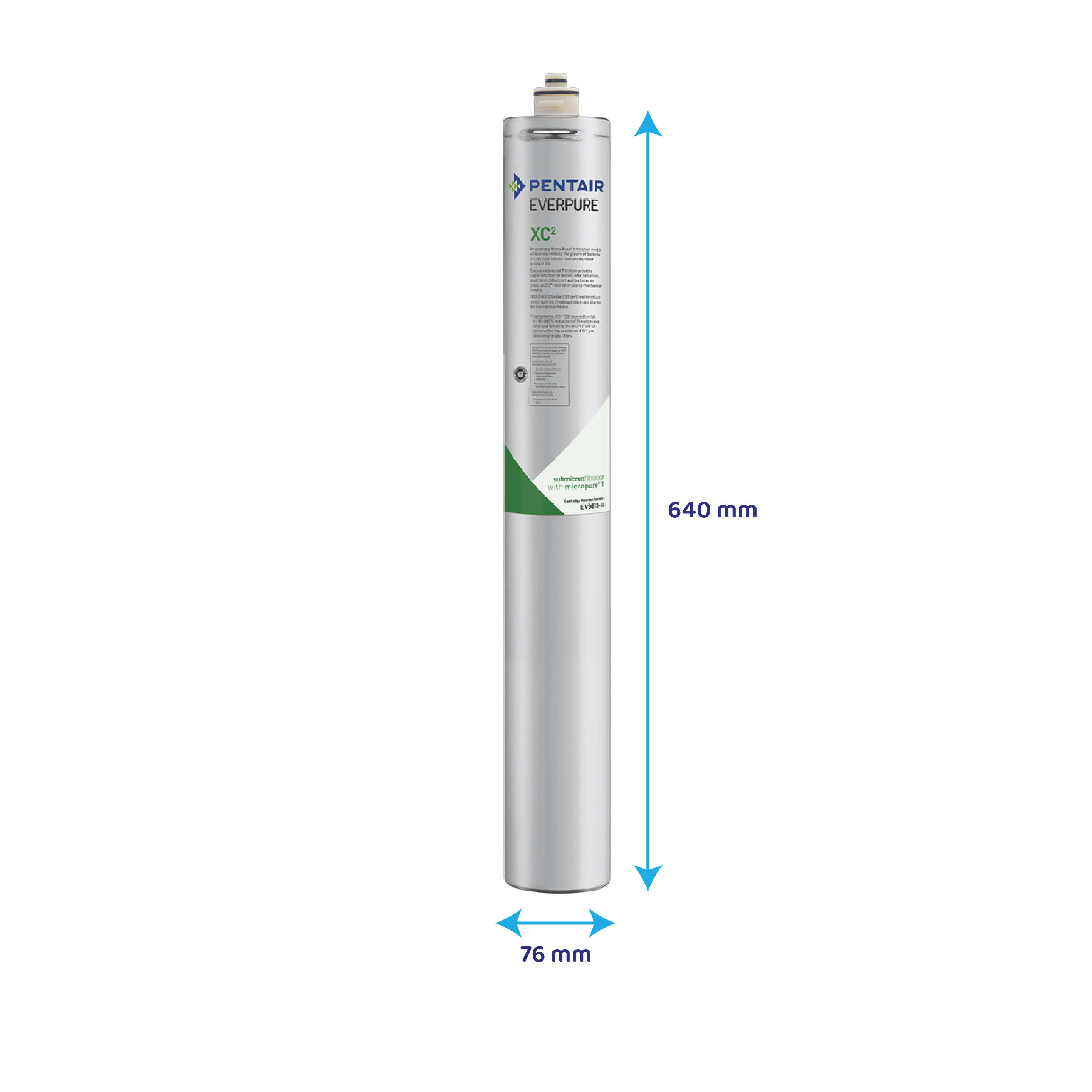 Pentair Everpure XC2 Wasserfilterkartusche mit Maßangaben von 640 mm Höhe und 76 mm Breite.