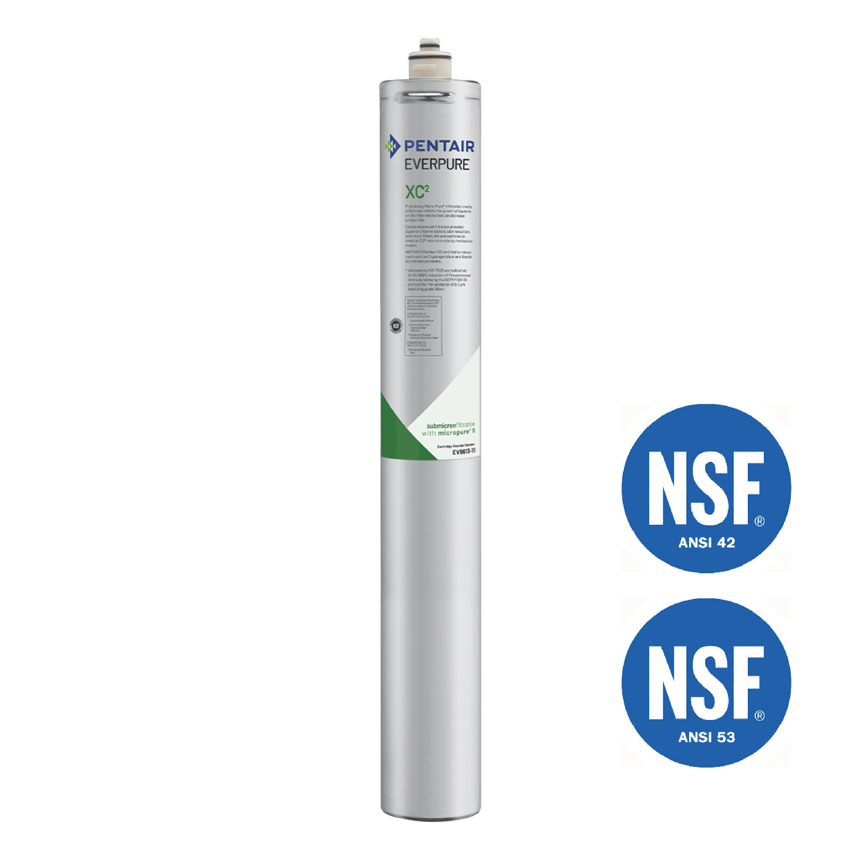 Pentair Everpure XC2 Wasserfilterkartusche mit zwei NSF-Zertifizierungslogos rechts auf weißem Hintergrund.