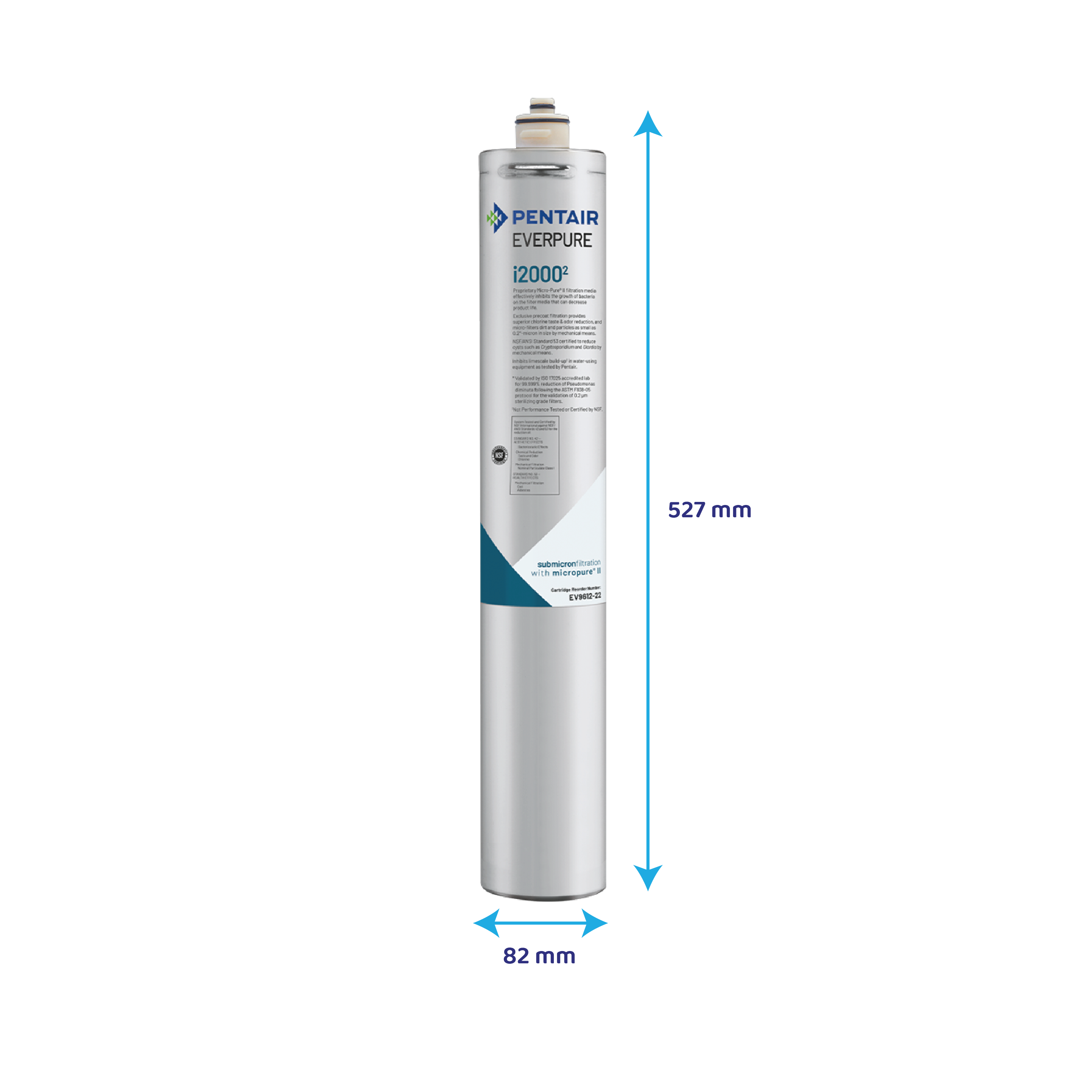 Ein Pentair Everpure i2000² Wasserfilter mit blauen und schwarzen Schriftzügen, 527 mm hoch und 82 mm breit.