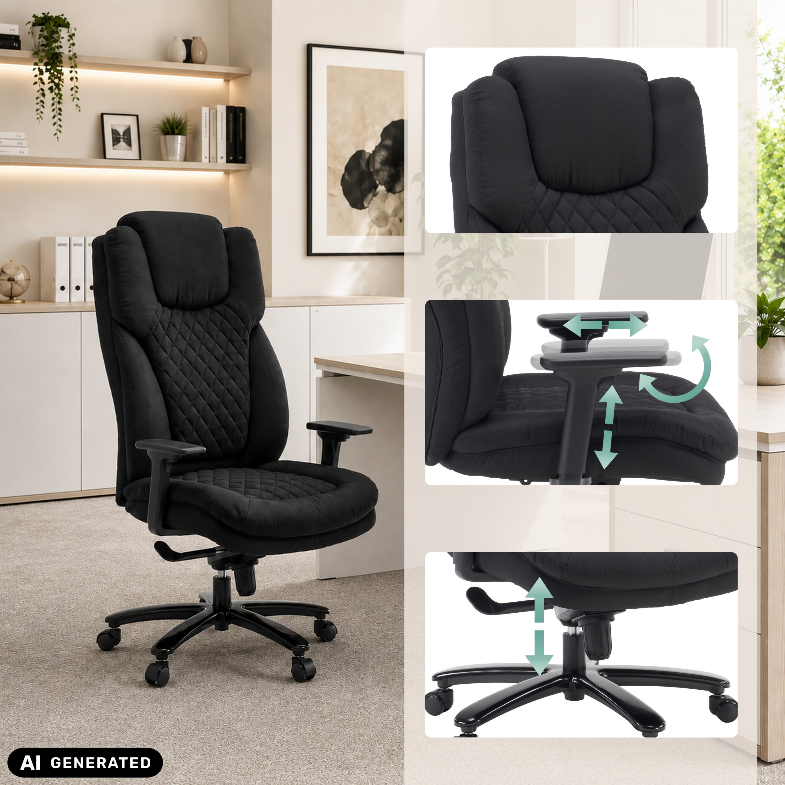 Schwarzer ergonomischer Bürostuhl mit verstellbaren Armlehnen und Sitzhöhe in modernem Raum.