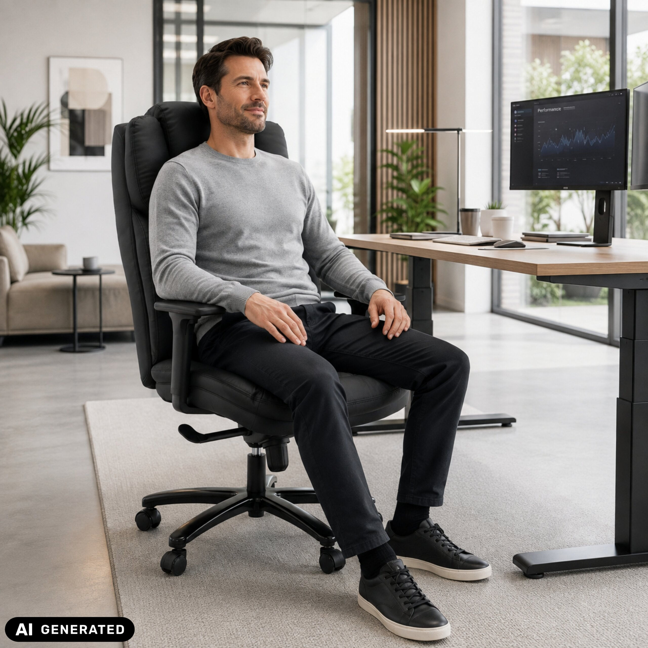 Ein Mann im grauen Pullover sitzt an einem Schreibtisch im modernen Büro auf einem schwarzen Bürostuhl.