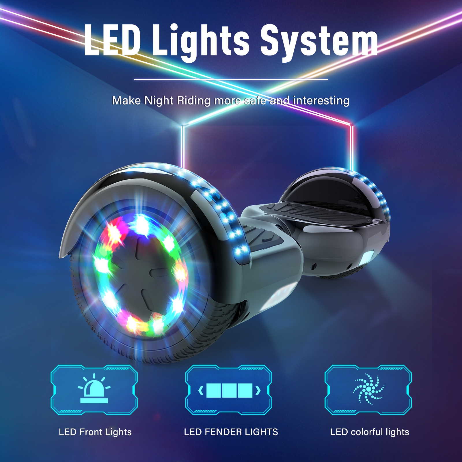 Ein modernes Hoverboard mit leuchtenden, bunten LED-Lichtern an Rädern und Schutzblechen vor blauem Hintergrund.