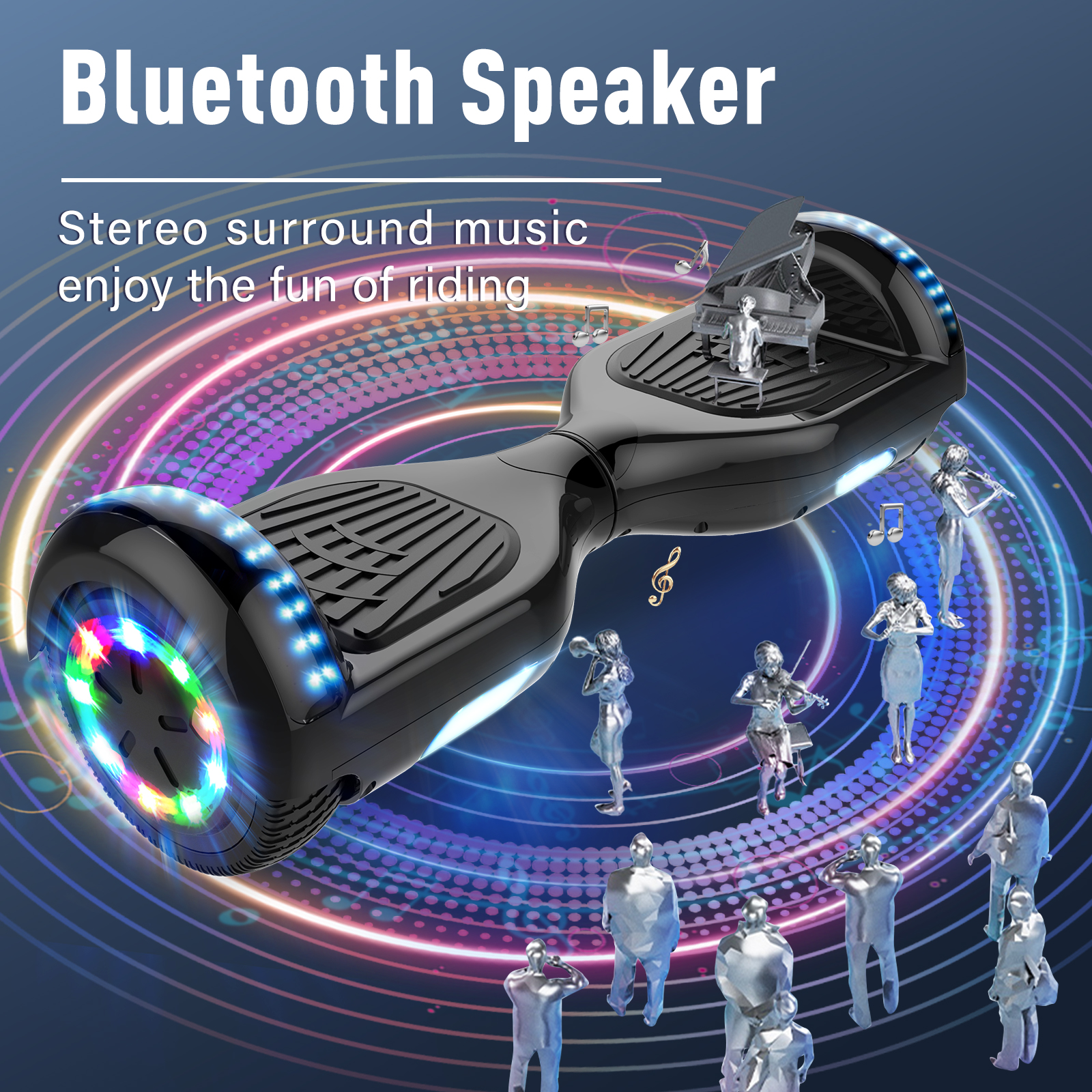 Ein schwarzes Hoverboard mit bunten Radlichtern und Musikgrafiken, umgeben von silbernen Musikerfiguren.