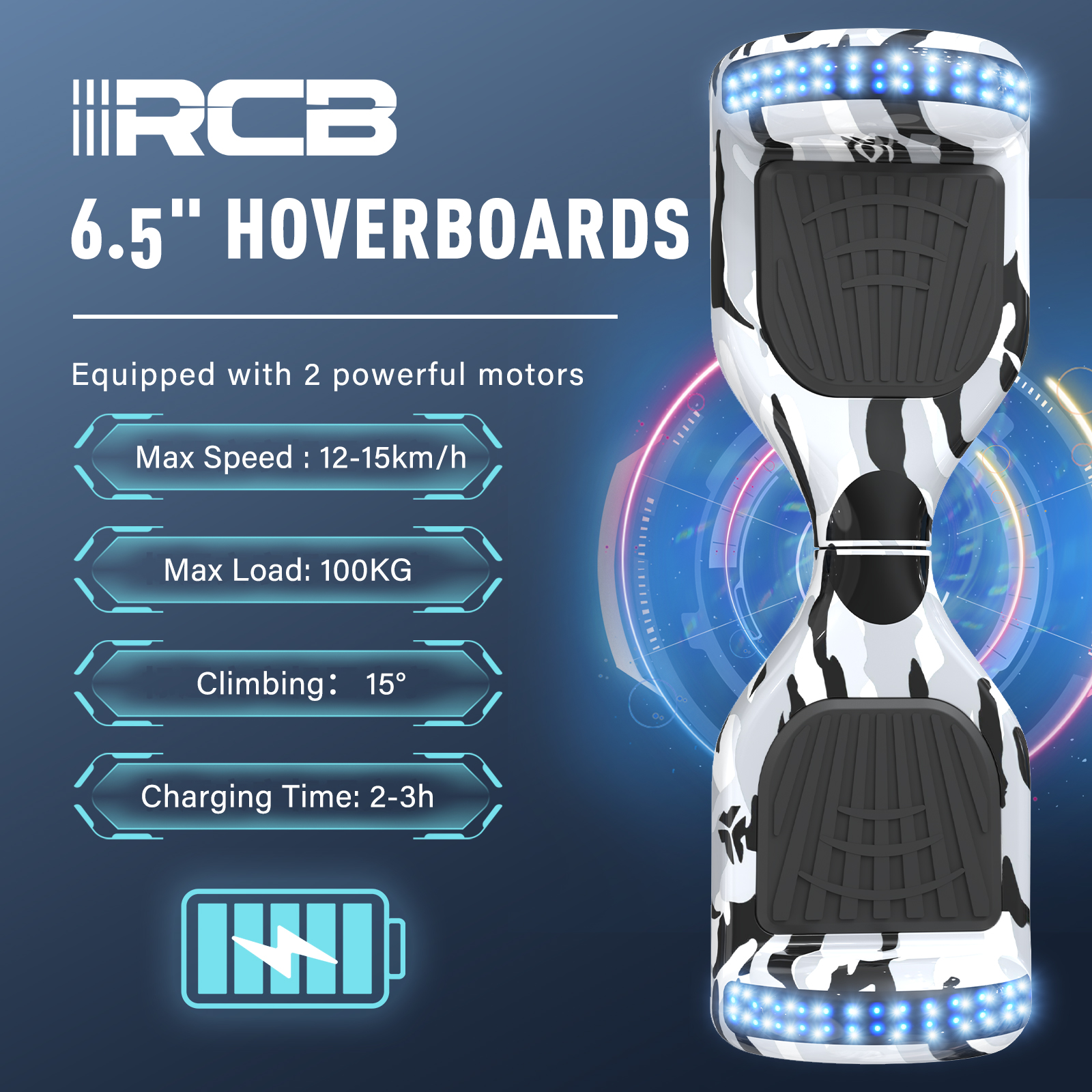 Ein RCB 6,5-Zoll-Hoverboard mit weißem Tarnmuster und technischen Daten zu Geschwindigkeit und Last.
