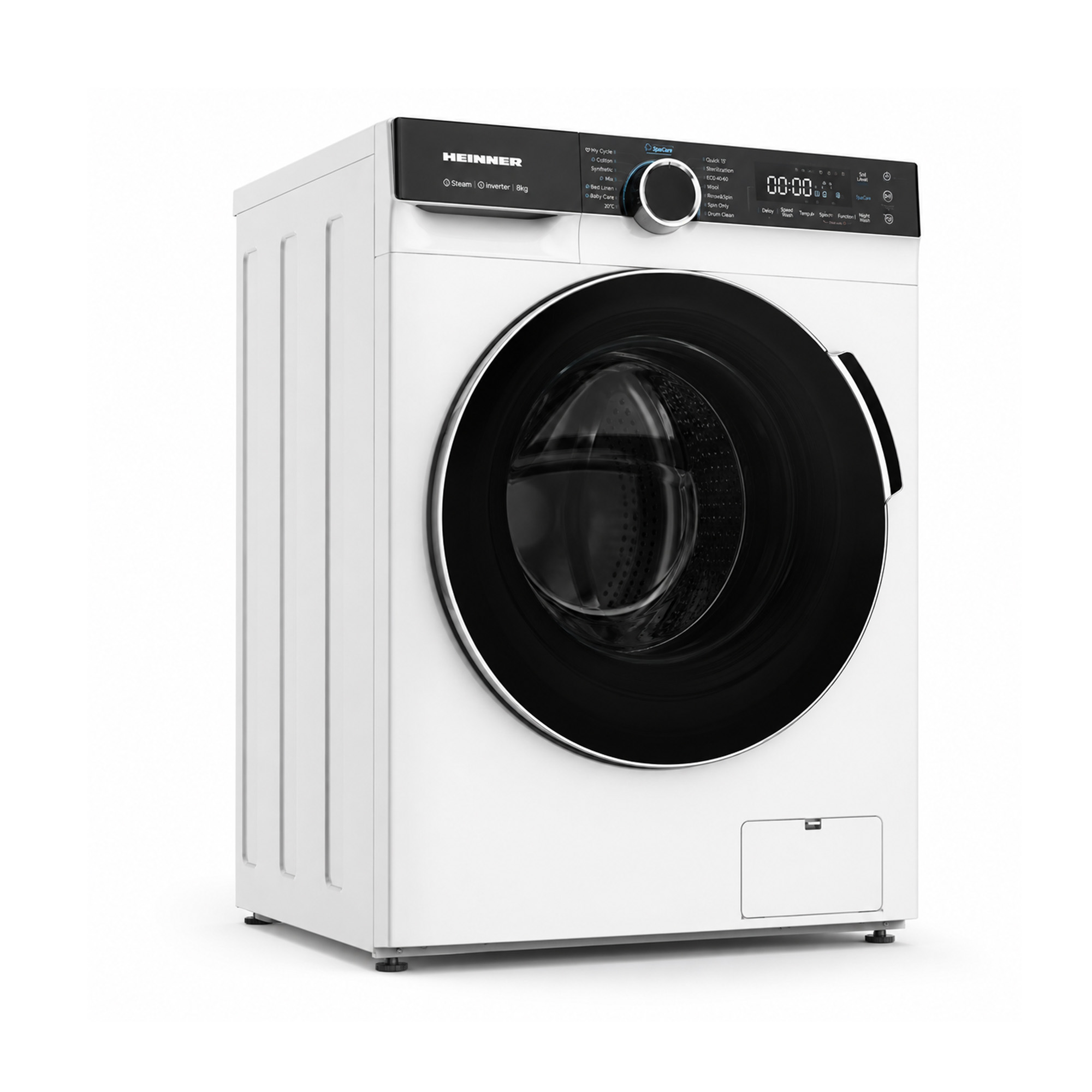 A white front-load washing machine with a black control panel and glass door on a white background.