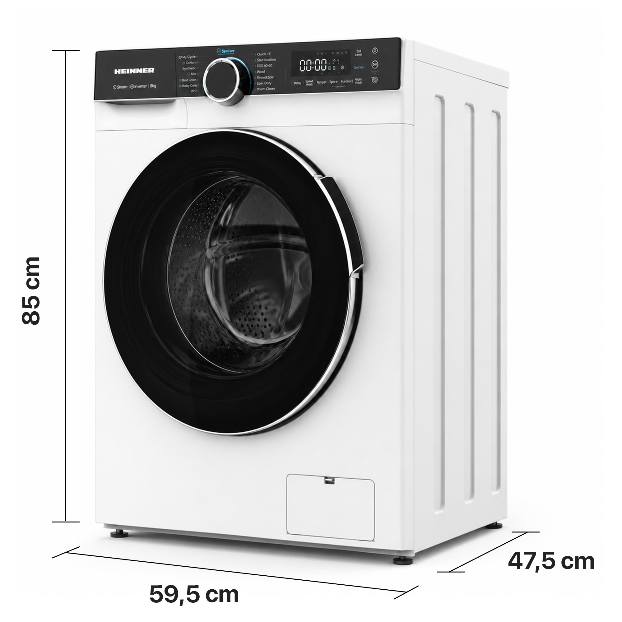 White Heinner front-load washing machine showing dimensions of 85 cm high, 59.5 cm wide, and 47.5 cm deep.