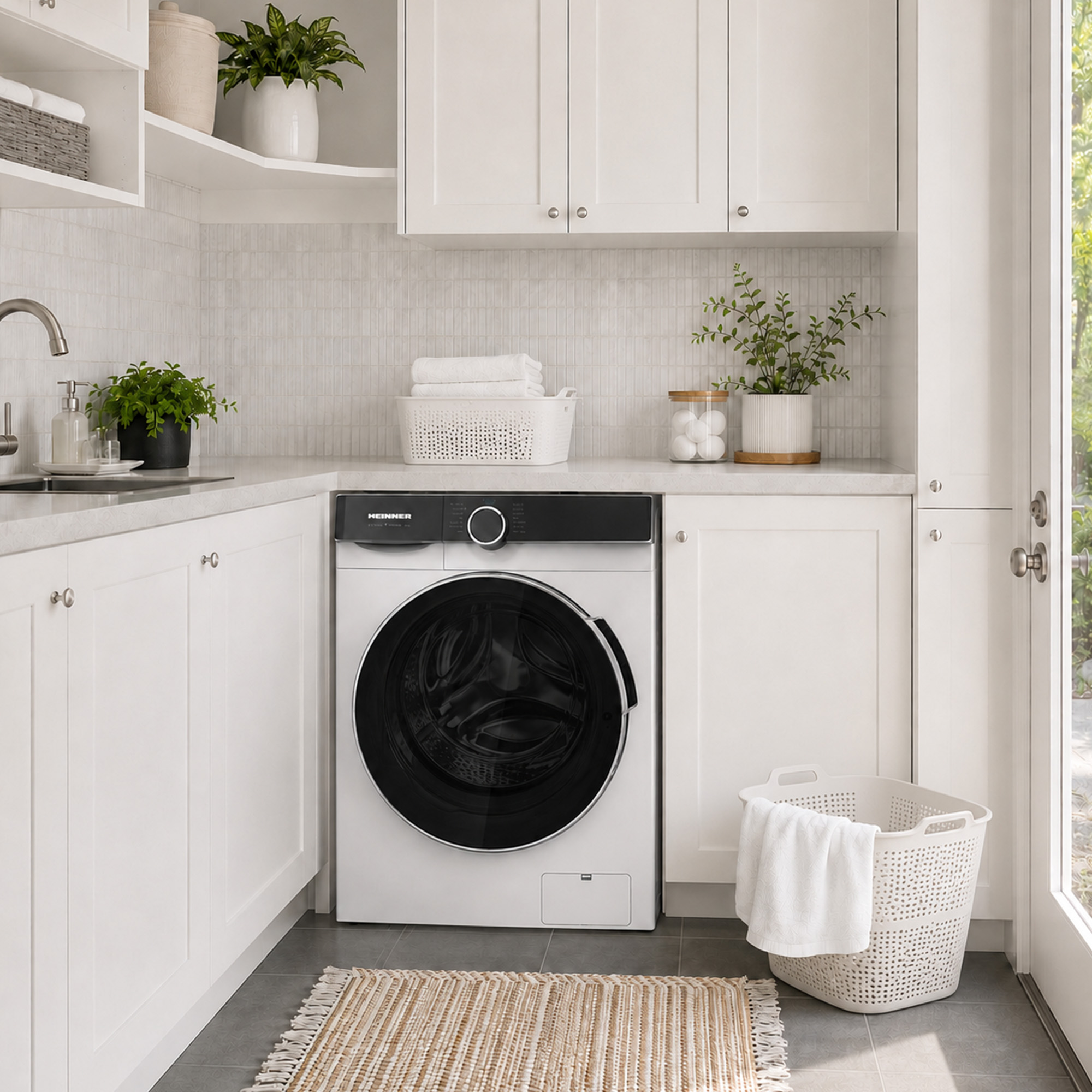 A modern white washing machine in a bright laundry room with white cabinets, green plants, and a woven basket.