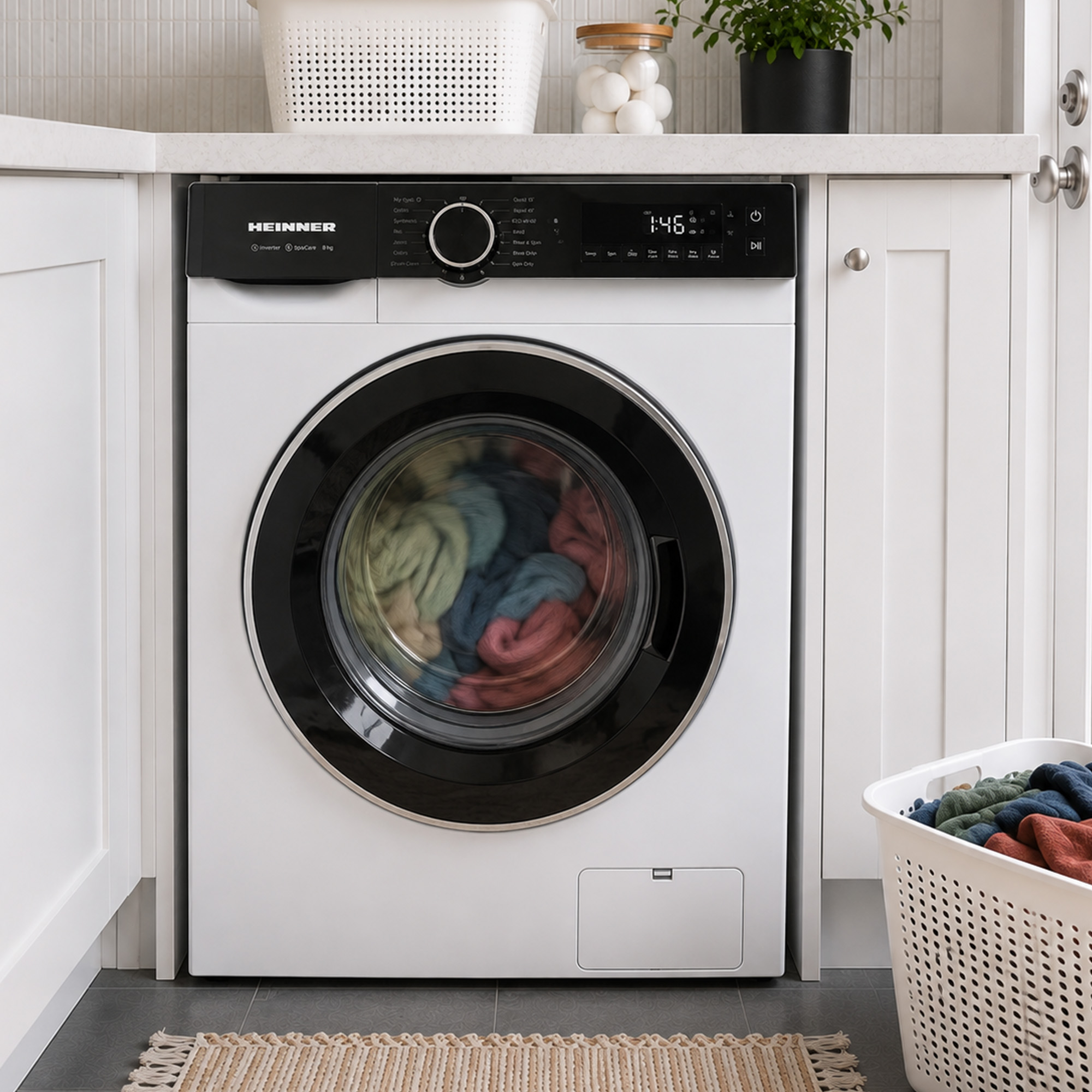 A white Heinner washing machine between white cabinets, showing colorful laundry spinning inside and baskets nearby.
