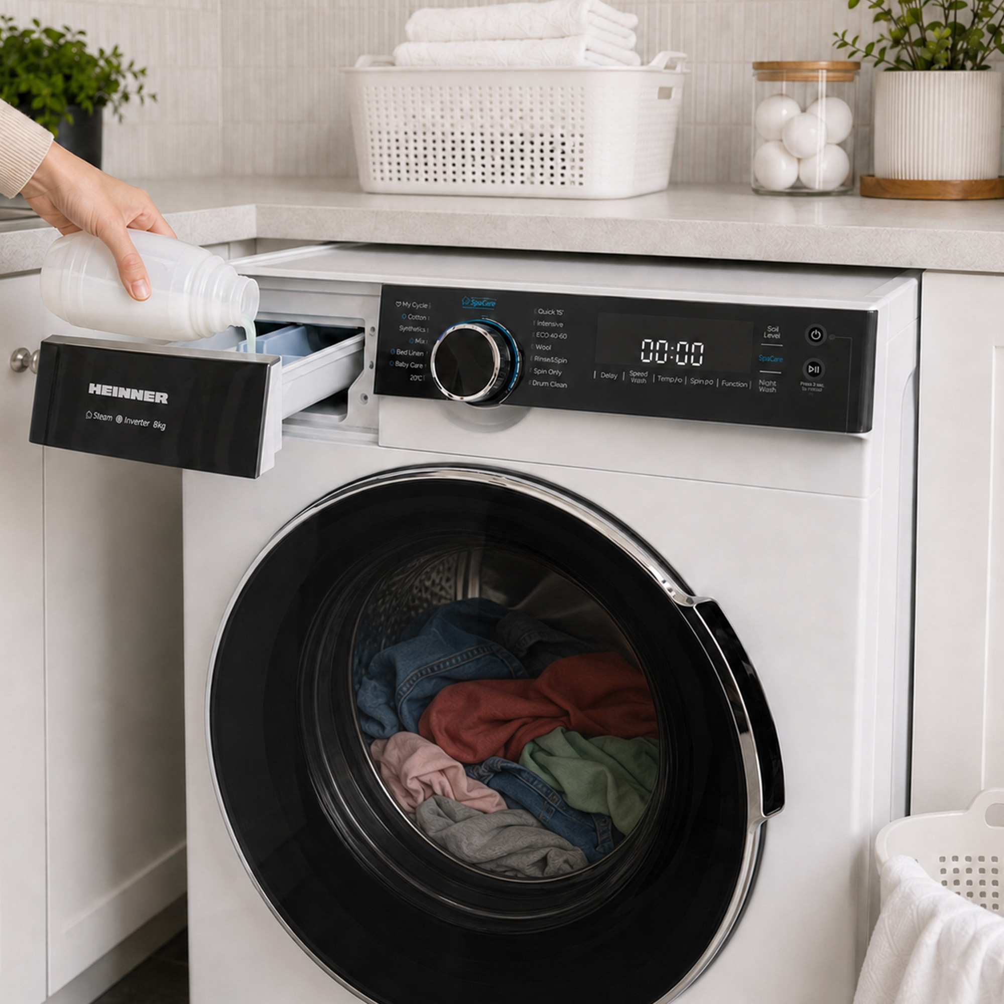 A hand pours detergent into the open drawer of a modern Heinner washing machine filled with laundry.