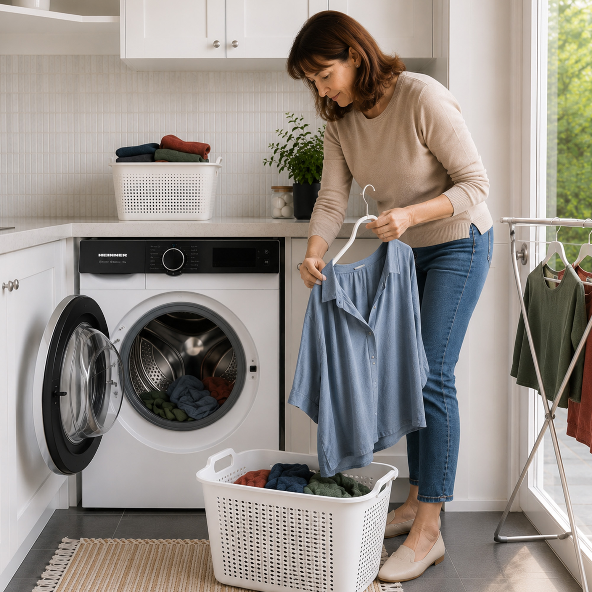 Une femme dans une cuisine accroche une chemise bleue sur un cintre à côté d'un lave-linge et de paniers de linge.