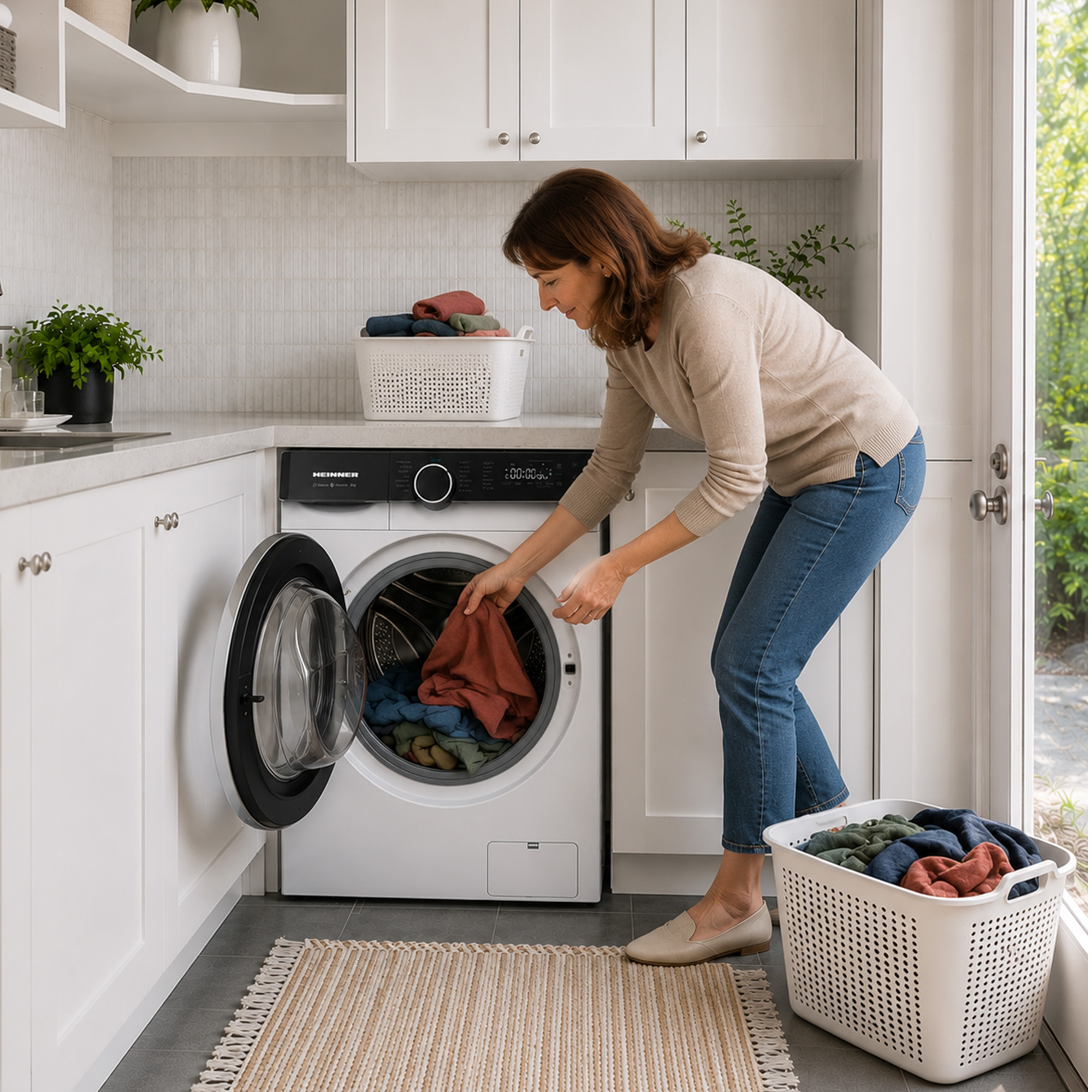 Woman in beige sweater and jeans loads clothes into a white washing machine in a kitchen.