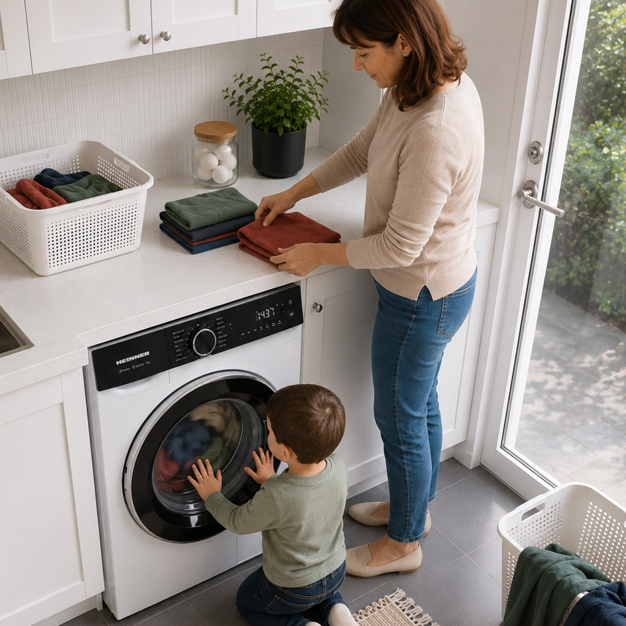 A woman folds laundry on a counter while a boy kneels and looks into a washing machine.