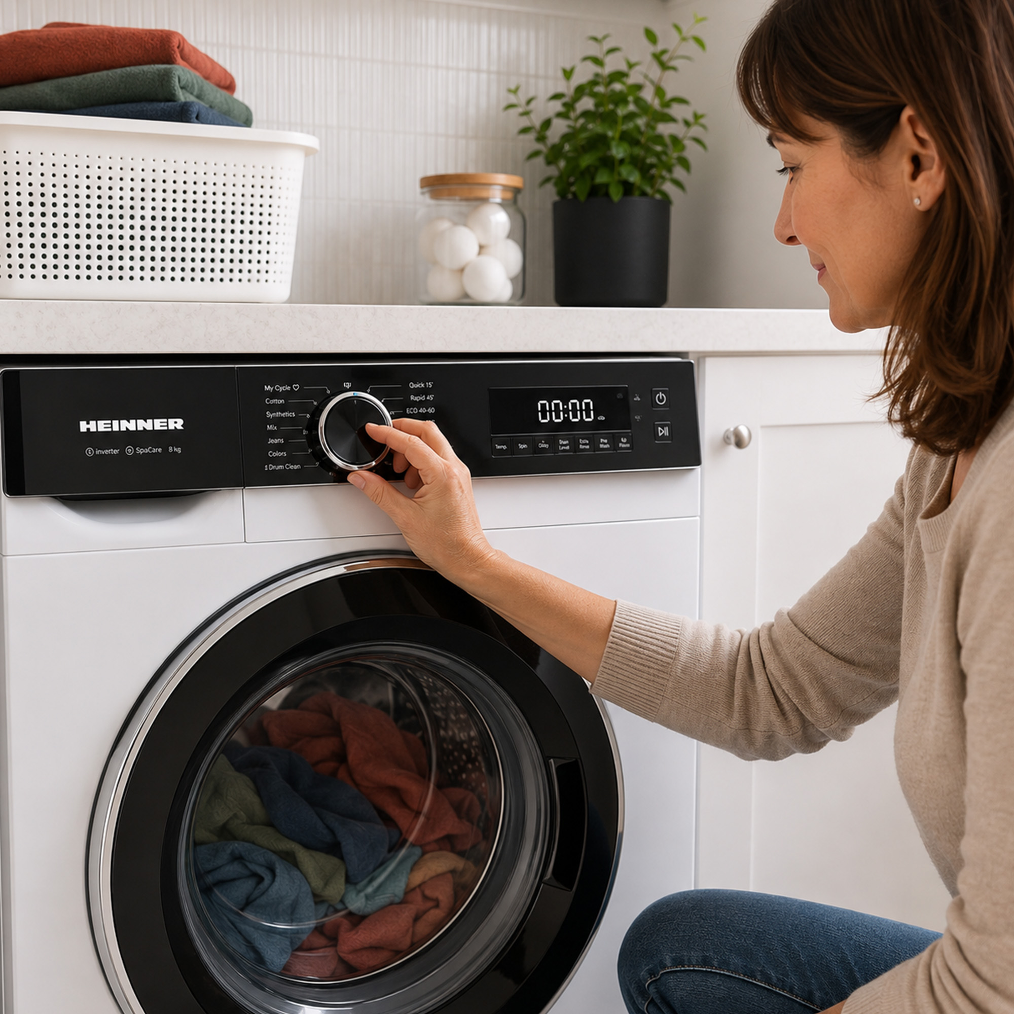 A woman turns the dial on a white Heinner washing machine loaded with colorful laundry in a bright kitchen.